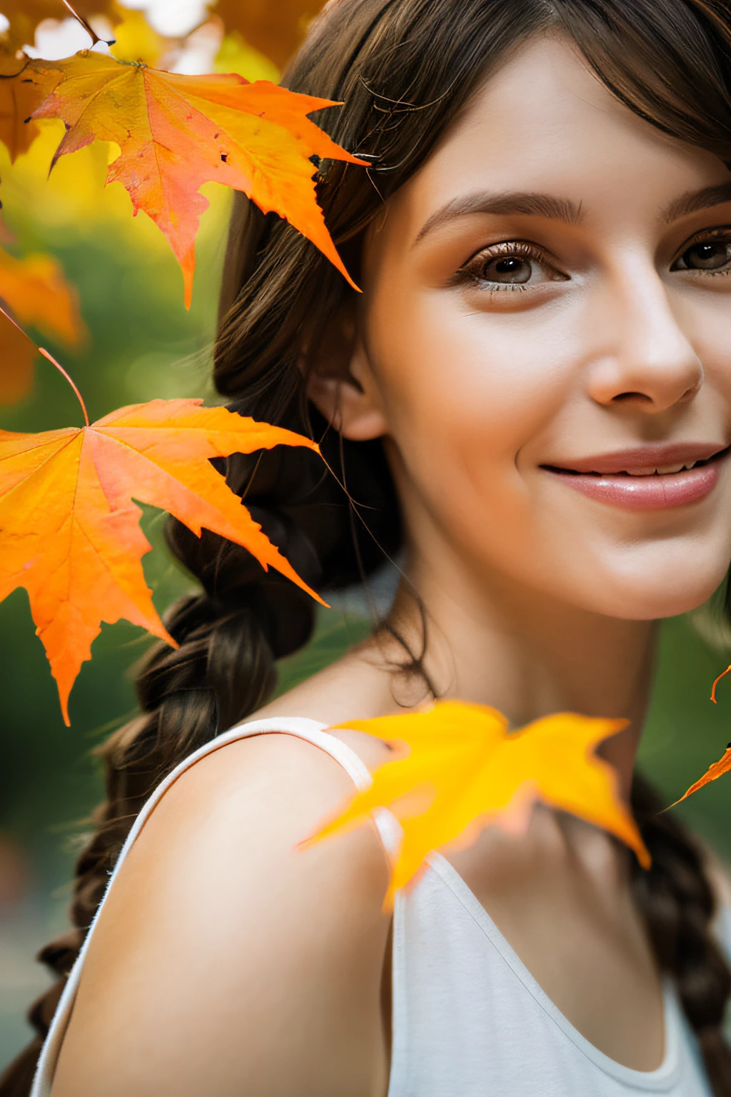 gros-plan, Beautiful woman in thumb art style, In the park of orange leaves , By Jeremy Mann, By Sandra Chevrier, Dave McKean、by Richard Avedon、by maciej kuciara, White tank top and jeans, detaileds, 8K、With smiling eyes、Curly hair in braids、((Close-up of face only))
