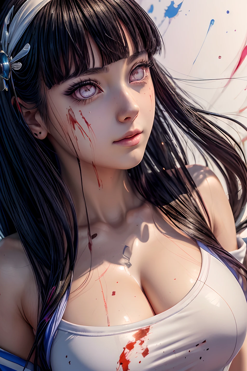 masterpiece, best quality, (extremely detailed CG unity 8k wallpaper, masterpiece, best quality, ultra-detailed, best shadow), (detailed background), (beautiful detailed face, beautiful detailed eyes), High contrast, (best illumination, an extremely delicate and beautiful),1girl,((colourful paint splashes on transparent background, dulux,)), ((caustic)), dynamic angle,beautiful detailed glow,full body, close up of a woman, beautiful anime portrait, detailed portrait of anime girl, anime character, realistic anime artstyle, anime girl portrait, anime character portrait, blood splashes on face, (masterpiece, best quality), ultra detailed, 1girl, HinataHyuugaNDV, 1girl, black hair, medium hair, (white eyes:1.3), large breasts, purple pupils, sports hoodie, pants, upper body, , ,