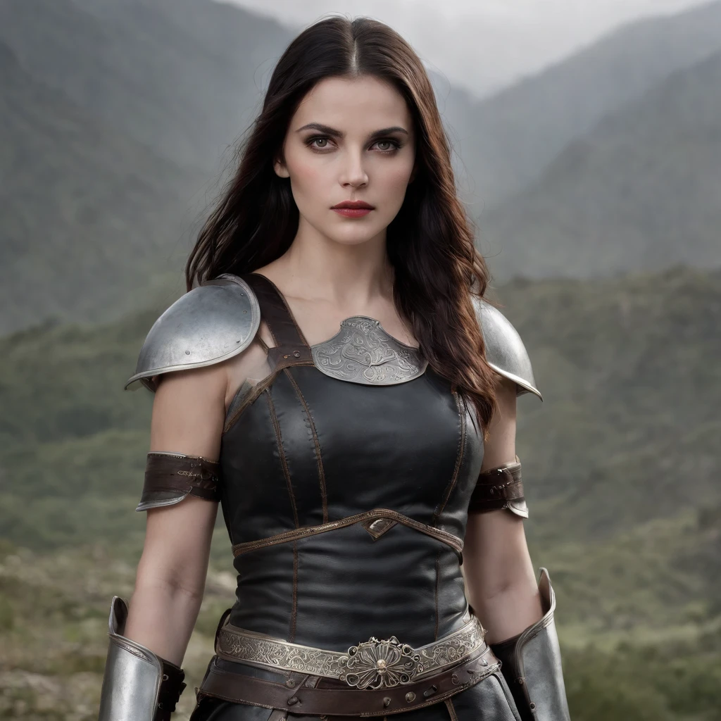 A dark female tieflin, Evil eyes, Wearing leather black armor, Dark silver, Pale and dark skin, Bright eyes, Young, pretty, Intricate horns, Black hair flowing, Long hair, sport, Muscular, Hot, Malicious eyes, epic angle, Dark background, fog atmosphere, Bud Tieflin, medieval fantasy, art by Alan Lee