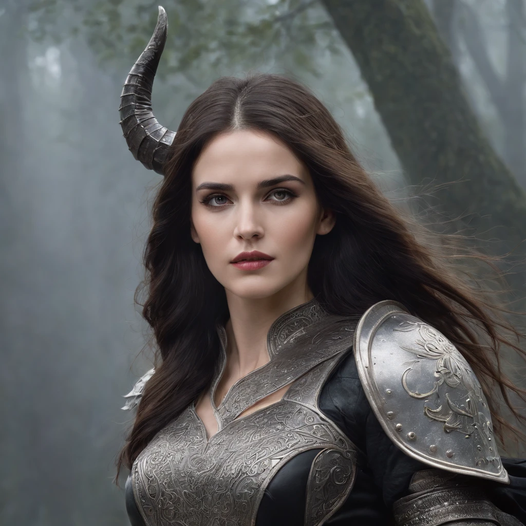 A dark female tieflin, Evil eyes, Wearing leather black armor, Dark silver, Pale and dark skin, Bright eyes, Young, pretty, Intricate horns, Black hair flowing, Long hair, sport, Muscular, Hot, Malicious eyes, epic angle, Dark background, fog atmosphere, Bud Tieflin, medieval fantasy, art by Alan Lee