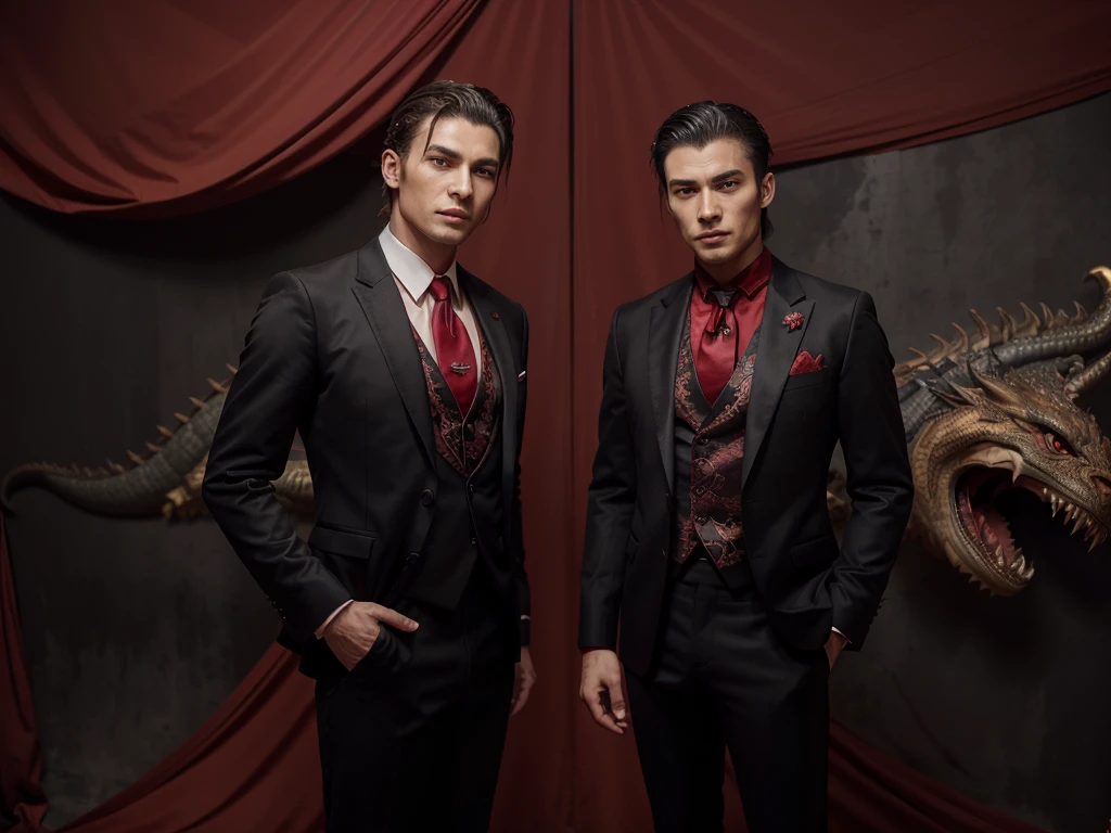anime man in a suit and tie with a dragon in the background, dragon - inspired suit, by Yang J, human and dragon fusion, handsome european demon boy, handsome guy in demon slayer art, epic and classy portrait, trendin on artstation, by Oliver Sin, crimson attire, black and red suit, highly detailed exquisite fanart, handsome male vampire