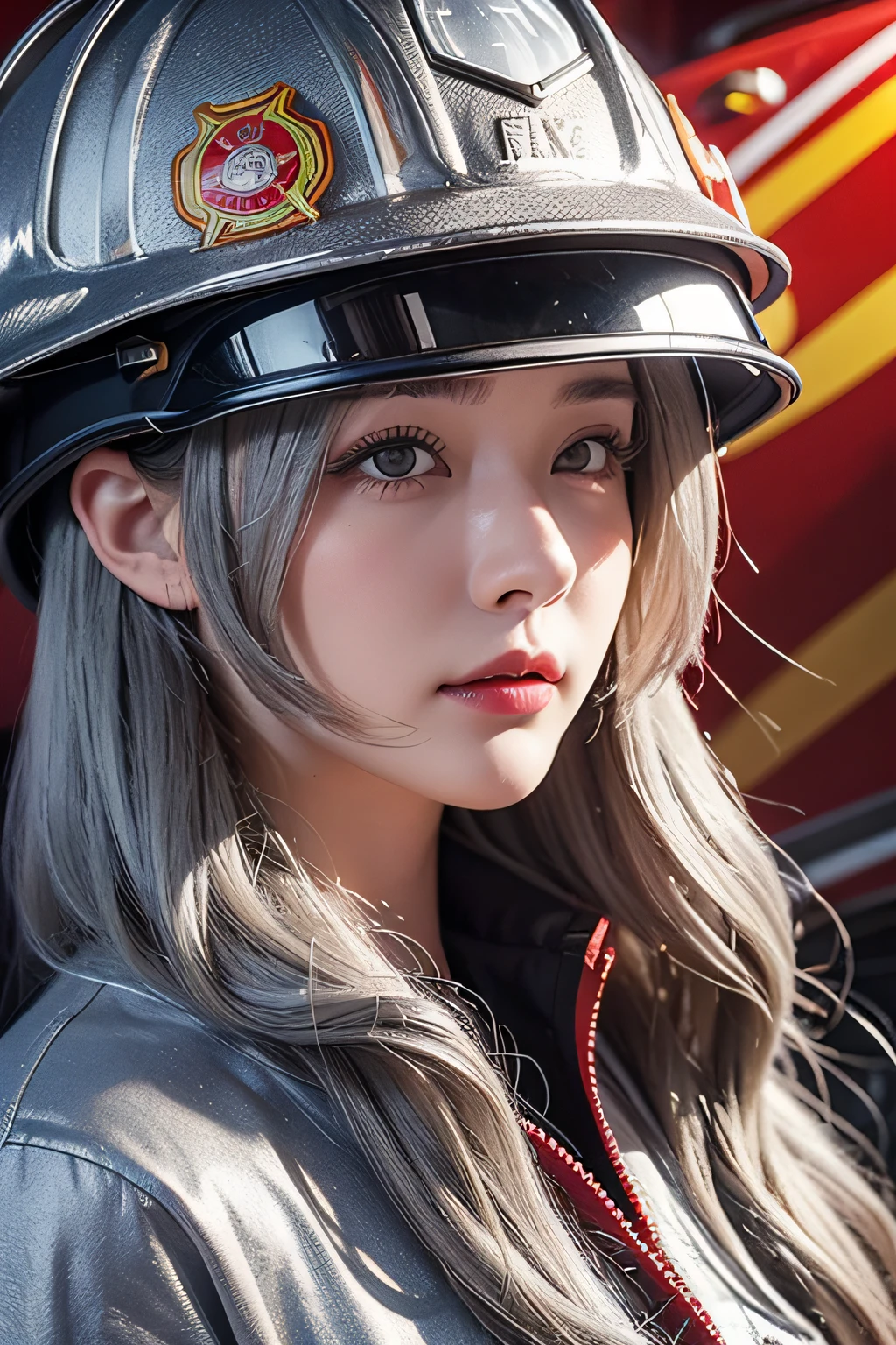 Female firefighter、25 years old women、To one girl, Fire Truck and Flame Background、Cyber City、(((Silvery firefighter clothes)))、((helmets))、masterpiece, top-quality, hightquality, hight resolution、((facial close-up))、