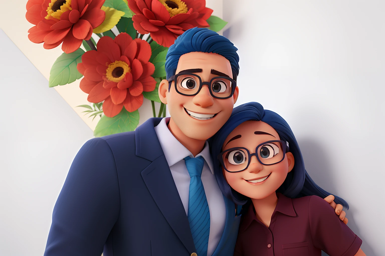 casal sorrindo, homem com terno azul, oculos preto quadrado, cabelo curto ondulado preto, queixo quadrado, mulher com vestido vermelho, cabelo liso