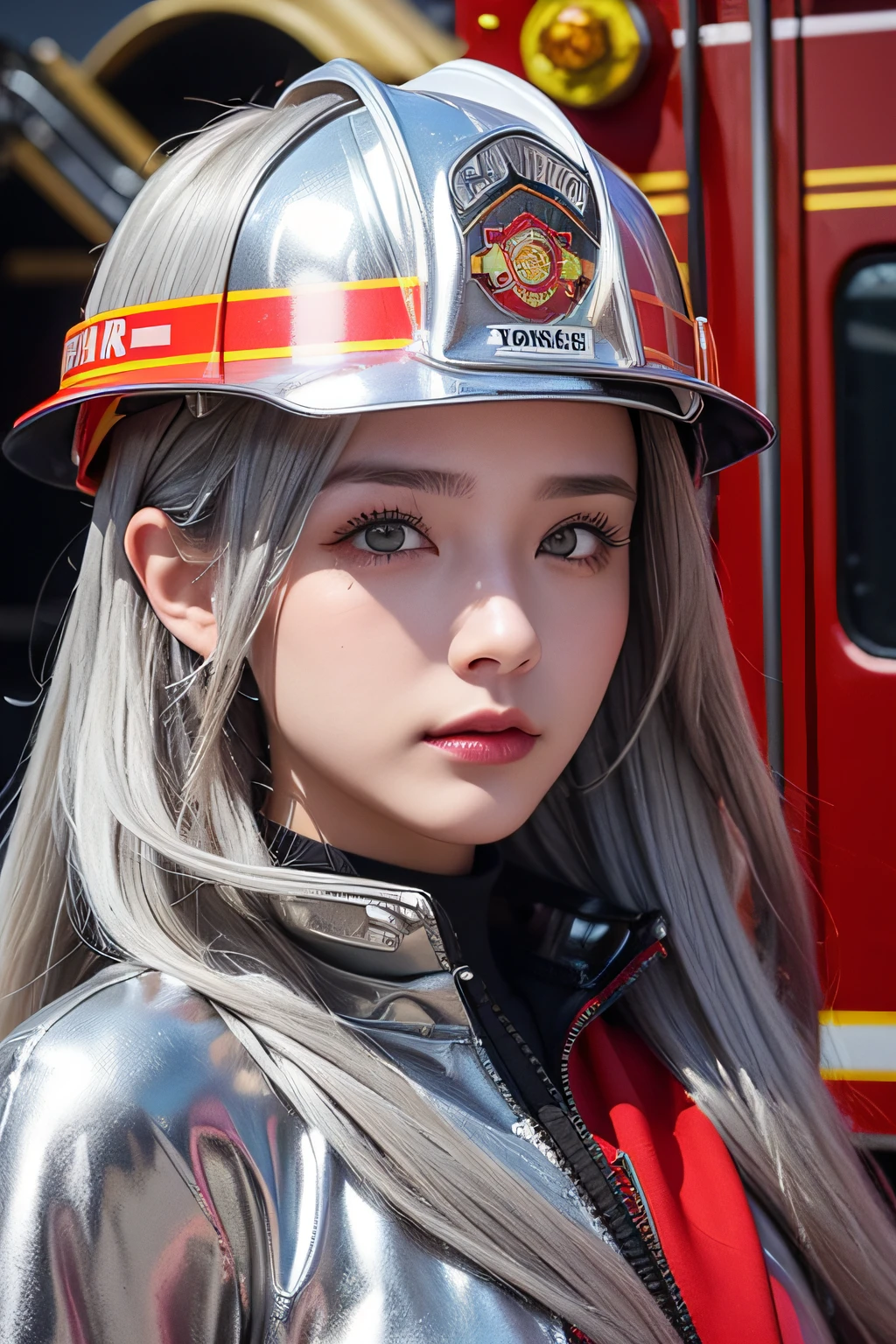 Female firefighter、25 years old women、To one girl, Fire Truck and Flame Background、Cyber City、(((Silvery firefighter clothes)))、((helmets))、​masterpiece, top-quality, hightquality, hight resolution、((facial close-up))、