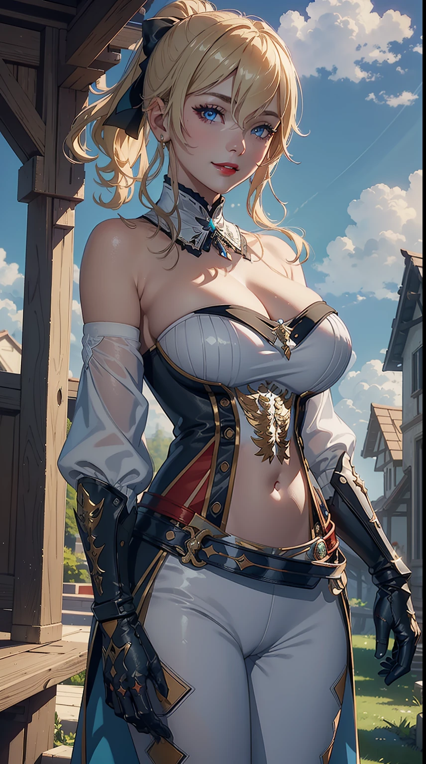 ((masterpiece)),(bestquality),((ultra-detailed)), ((beautiful detailed sky)), ((cinematic lighting)), depth of field, (dynamic angle),detailed lighting,(beautiful detailed eyes),outdoors, red lip, smile,navel, eyeshadow,large breast, sexy, cleavage, jeanfavonian