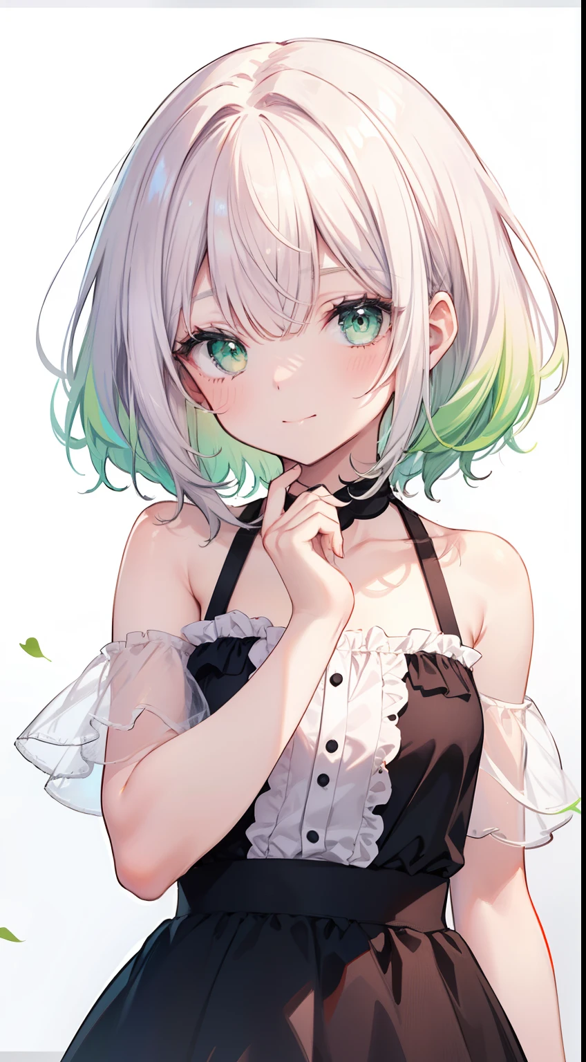 (drawing sketch), girl, close-up, (light skin), green eyes, (closed bangs on one eye: 1,2), (pink cheeks), (cute), small smile, (white hair: 1, 3), (medium hair), (green gradient hair), (gradient loose hair: 1,3), (black dress), (white background),