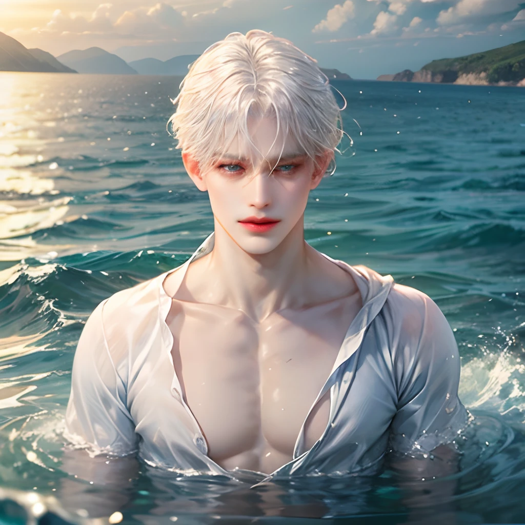 eBlue eyes,White clothes and white hair,glomy,Immerse yourself in the sea,Single person with shimmering water all over the body,A masterpiece