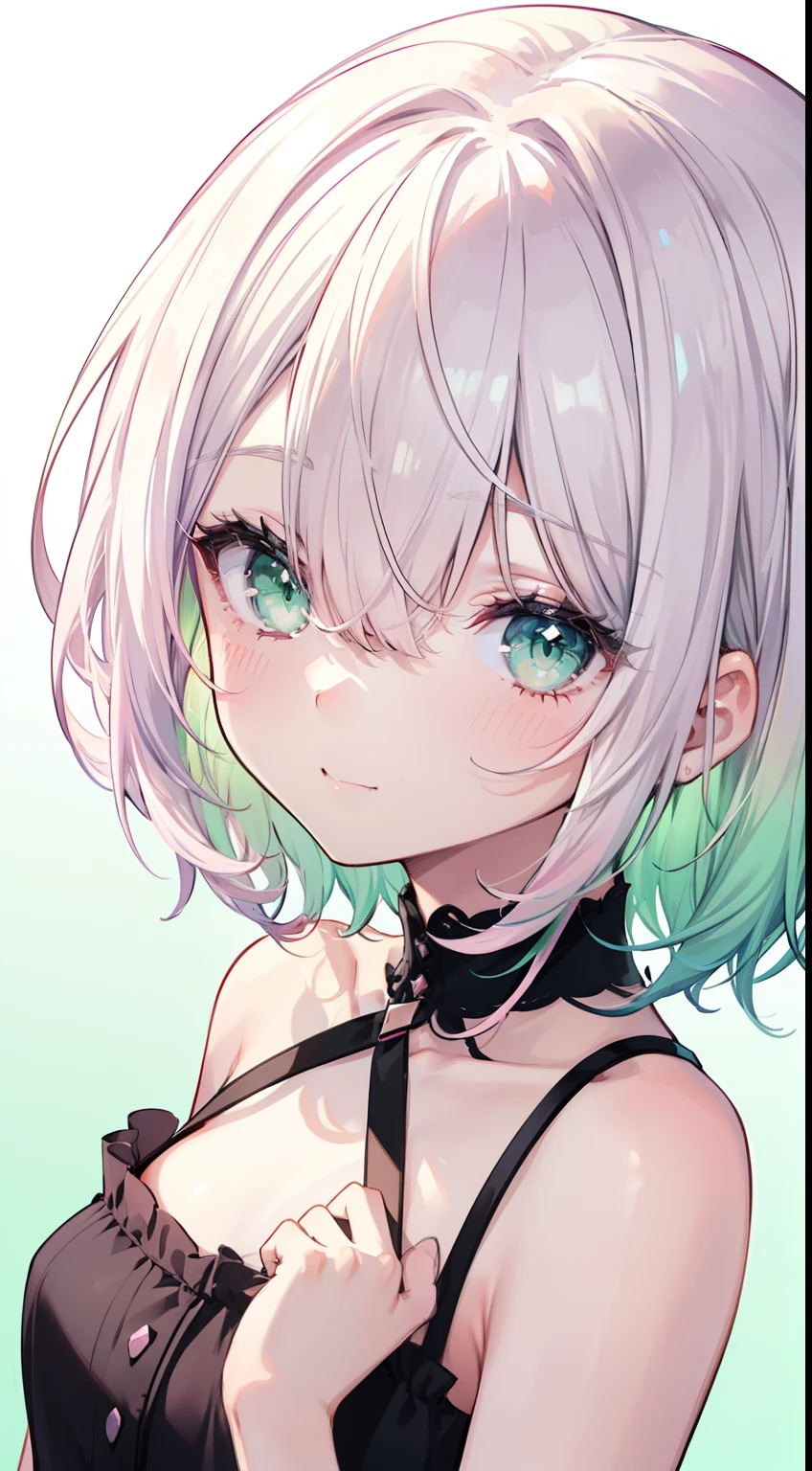 (drawing sketch), girl, close-up, (light skin), green eyes, (closed bangs on one eye: 1,2), (pink cheeks), (cute), small smile, (white hair: 1, 3), (medium hair), (green gradient hair), (gradient loose hair: 1,3), (black dress), (white background),