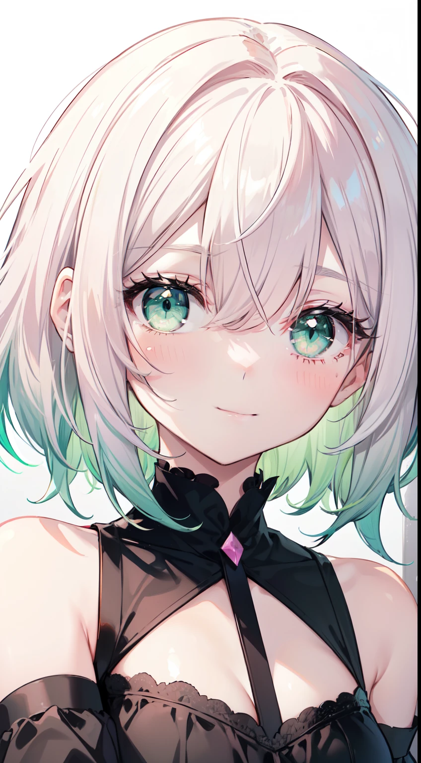 (drawing sketch), girl, close-up, (light skin), green eyes, (closed bangs on one eye: 1,2), (pink cheeks), (cute), small smile, (white hair: 1, 3), (medium hair), (green gradient hair), (gradient loose hair: 1,3), (black dress), (white background),