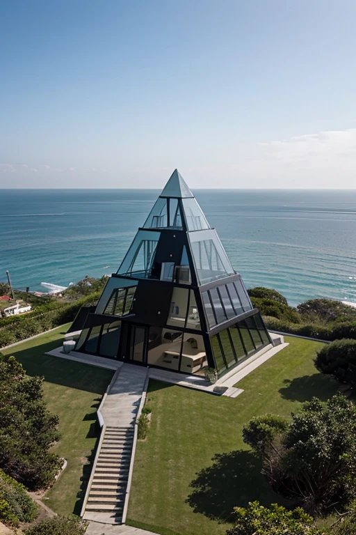 glass pyramid house , stairs ,  3 floors , elevator  , luxury , build on cliff near sea