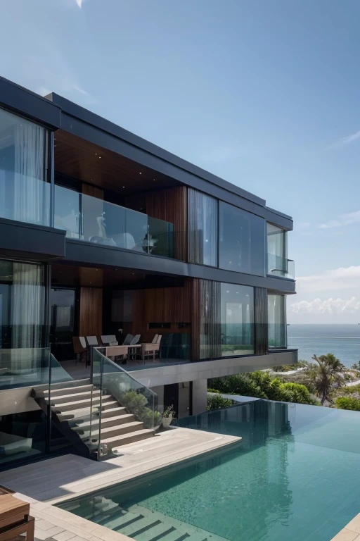(best quality,4k,highres,ultra-detailed,realistic:1.37),glass pyramid house,staircase with intricate design spanning 3 floors,elevator with sleek metallic finish,luxurious interior and furnishings,cliffside location overlooking the majestic sea,abundance of natural light streaming through tinted glass walls,reflective surfaces creating a sense of spaciousness,contemporary architecture with minimalist aesthetic,harmonious blend of nature and modernity,serene and tranquil atmosphere.