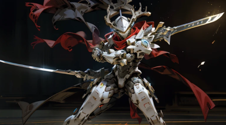 （Verism，photograph realistic：1.3），（focal length of lens：35mm），Contre-Jour，A mechanical warframe，The shape is luxurious and sophisticated，A blue glowing cross is carved into the chest of the mech，The mech held a red glowing wide and heavy armored sword in his hand，The red scarf sways in the wind，faucet，deer antlers，The knight's eyes had a red flame glow，Battle stance drawing，background fire flow，Flow effects,OWgenji,Sc3pt4