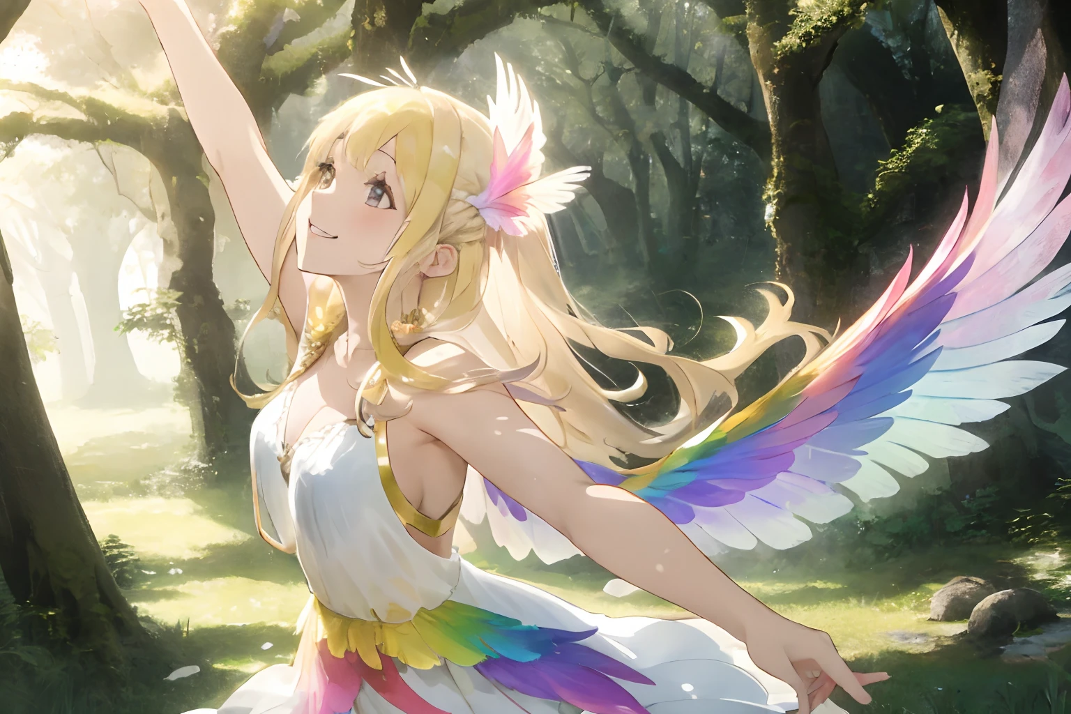 colorful flower々Forest in full bloom,White Luxurious Garden Palace (White Luxurious Garden Palace),Fluffy pale golden hair,Eyes pale yellow-green,Luxurious and voluminous white dress, The hem of the dress is long enough to reach the ground,coloured butterflies々Jumping around(Pale pink or yellow, Light purple and light blue),There is a sense of transparency on the back,、Large feathers that shine in rainbow colors(wingspan),Wings,Shawl made of translucent material on the shoulders,AHE Face,red tide,Pleasant look,Smile on his face,Dance happily in the forest,Graceful dance,ballet,The tree々Soft light shining through the gaps in the leaves,Angel Light Ladder,