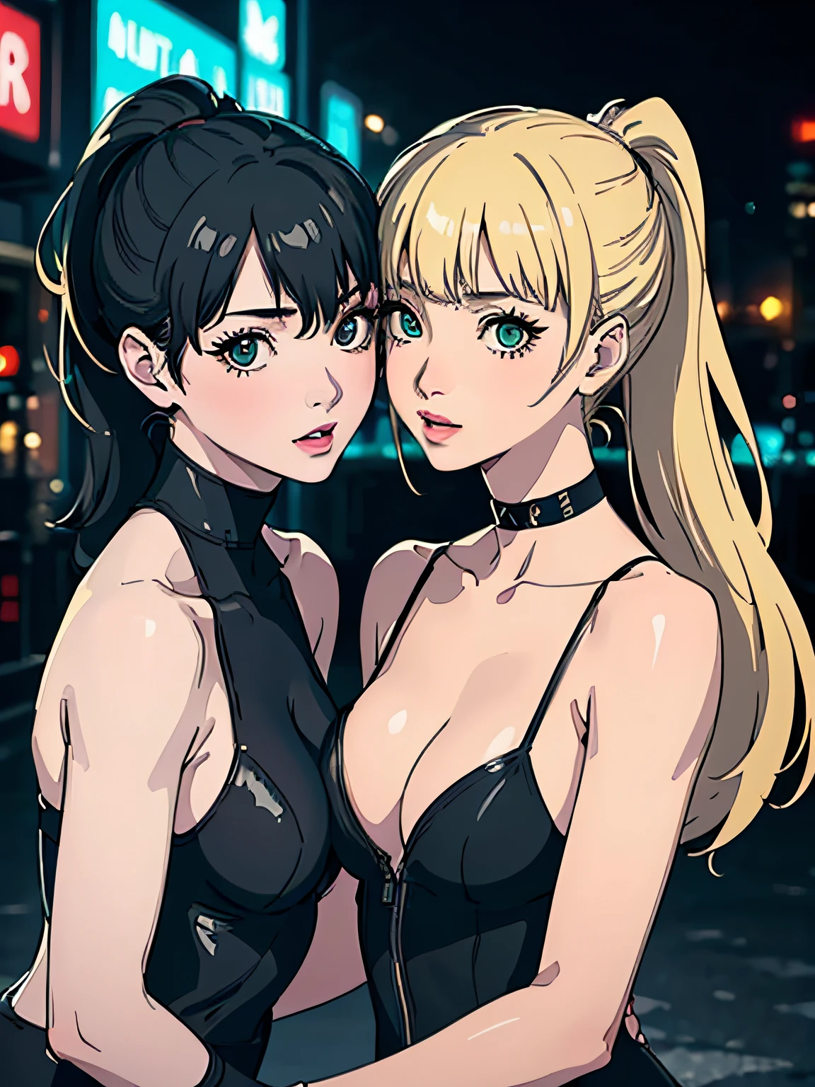 (masterpiece, best quality, 8k, sharp focus, depth of field, best shadows, perfect lights, HDR, realistic skin texture, ultra-detailed background, detailed), anime style, 2 women kissing (one of them has green eyes, white skin, black hair with ponytail, choker, small breasts, slim, makeup, eyeliner, glitter), (the other woman has blonde hair), at a night club, cyberpunk theme, Cyberpunk City.