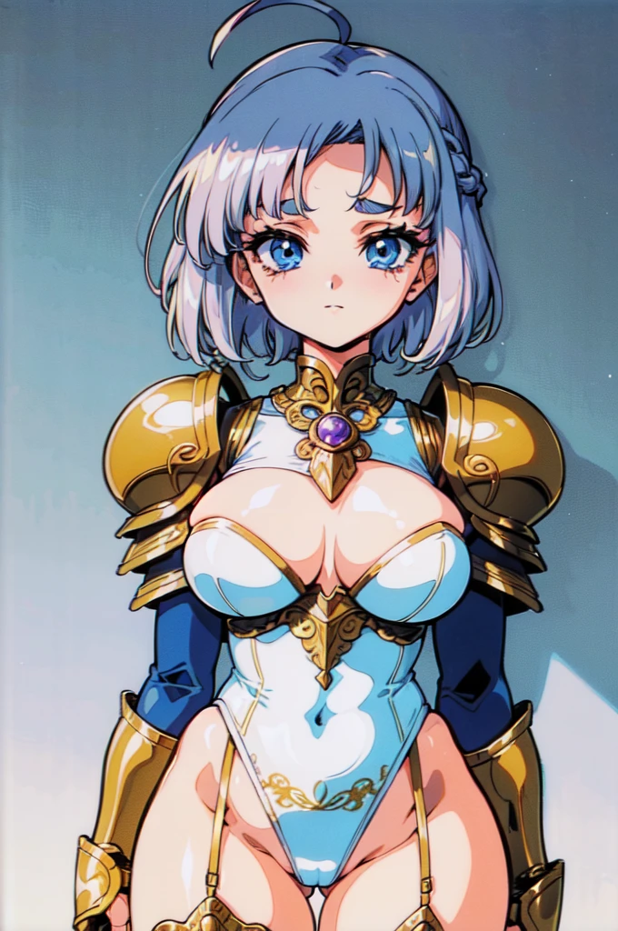 "(masterpiece:1.1), best quality,
1girl, (80s anime style:1.4), (eyelashes:1.5),(:1.4),
(intricate high detailed body:1.2),
silver hair,
(forehead:1.2), short blunt bangs, (short hair, french braid:1.1), (hair ribbon:1.2),
blue eyes, (thick eyebrows:1.1),
(curvy body:1.1), (large breasts:1.1),
grin,
(golden embroidery leotard armor:1.2), (garter belt:1.1),
(knight armor, armored boots:1.2), (belts:1.1), (ahoge:1.2), neckwear,
standing, crossed arms,
(upper body, looking at viewer, from front:1.1),
(simple white background:1.2)"