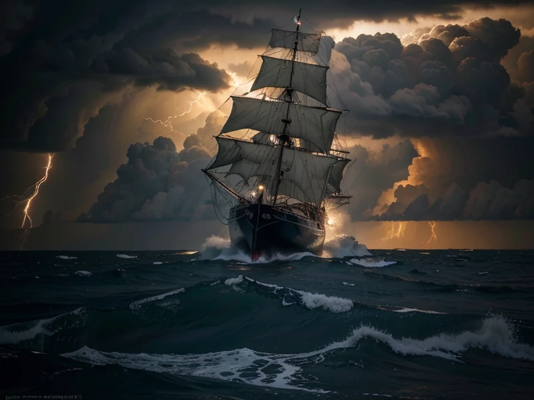(realistic,photorealistic,photo-realistic),large detailed, 2 old sailing yachts, intense thunderstorm on rough sea, dark clouds,vivid lightning and heavy rain,roaring waves crashing against the boat,raging sea spray,sailors desperately trying to control the sails,water pouring into the ship,sharp focus,ultra-detailed(nautical) textures and materials,huge waves emerging from the deep,seagulls fighting against the wind,stormy atmosphere,chaotic and dramatic scene,depicting the power of nature,moody lighting with dramatic contrast, in dark night, fire, dramatic color palette emphasizing the stormy atmosphere,HDR.