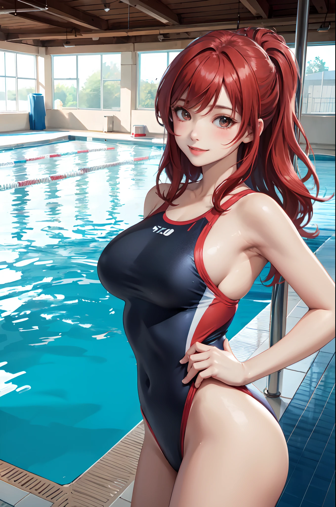 1lady standing on poolside floor, /(competition swimsuit/), mature female, /(red hair/) bangs, blush kind smile, (masterpiece best quality:1.2) delicate illustration ultra-detailed, large breasts BREAK /(swimming pool indoors/)