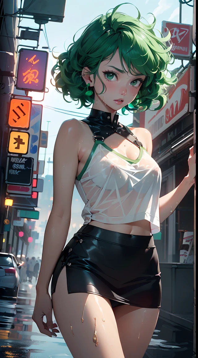 girl youtuber,(((1girl))),((extremely cute and beautiful green curly-haired girl)),

(short ???????:1.4),big ????,(((green curly hair:1.35,very curly hair,colored inner hair,ear breathing,short hair))),(((green_eyes:1.3))),intricate eyes,beautiful detailed eyes,symmetrical eyes,big eyes:1.3,((fat)),(((lustrous skin:1.5,bright skin: 1.5,skin tanned,shiny skin,very shiny skin,shiny body,plastic glitter skin,exaggerated shiny skin,illuminated skin,wet legs))),detailed body,(detailed face),

cute,slutty,seductive,??????,(((????))),

zettai ryouiki,revealing clothing,show skin,((rave mini-skirt,visible ????? straps,white loose tank top with an anime art print)),((wet clothes,intricate outfit,intricate clothes)),

(dynamic pose:1.0),embarrassed,(centered,scale to fit dimensions,Rule of thirds),

cyberpunk city by the ocean at night, with bright neon signs and dark stormy clouds and puddles, scenery:1.25,

artistic photography,(photography taken by sldr),highres, sharp focus, (ultra detailed, extremely detailed), (photorealistic artwork:1.37),(extremely detailed CG unity 8k wallpaper),((synthwave background theme)),(((vibrant colors))),(intricate background),(masterpiece),(best quality),