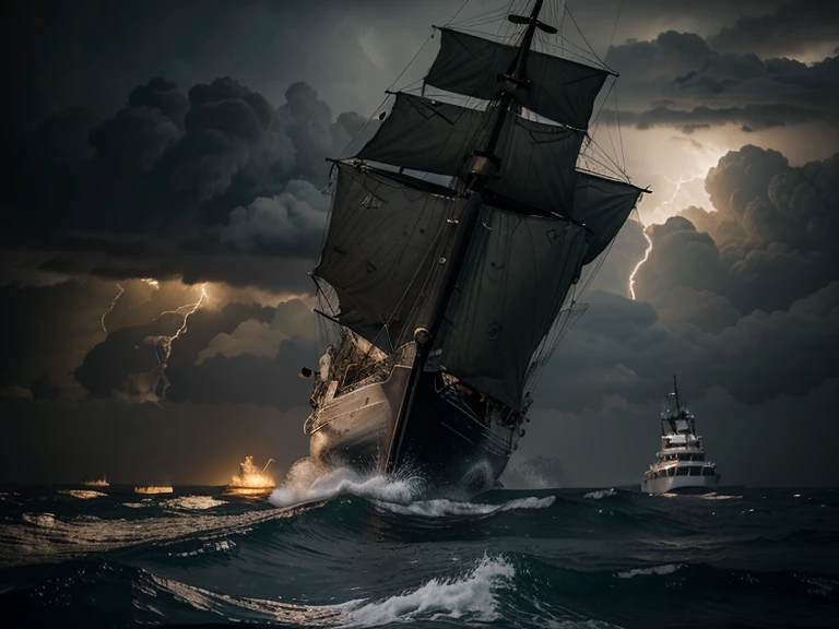 (realistic,photorealistic,photo-realistic),large detailed, old sailing 2 yacht, in battle, very dark night and lot of fire, intense thunderstorm on rough sea, dark clouds,vivid lightning and heavy rain,roaring waves crashing against the boat,raging sea spray,sailors desperately trying to control the sails,water pouring into the ship,sharp focus,ultra-detailed(nautical) textures and materials,huge waves emerging from the deep,seagulls fighting against the wind,stormy atmosphere,chaotic and dramatic scene,depicting the power of nature,moody lighting with dramatic contrast, in dark night, fire, dramatic color palette emphasizing the stormy atmosphere,HDR.