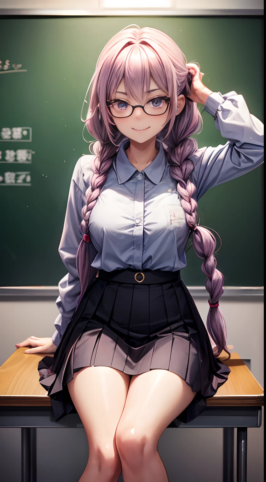 Japanese Anime Style Illustration, Woman NaKed Nude College Student, 21 anos, Lilac hair in braids, Elastic in the hair, wearing glasses, Standing in an empty classroom, She's sitting at the table in front of the chalkboard, She's sitting naked with her legs spread with a camera in her hand, olhar malicioso, sorriso malicioso, esperando ansiosamente.