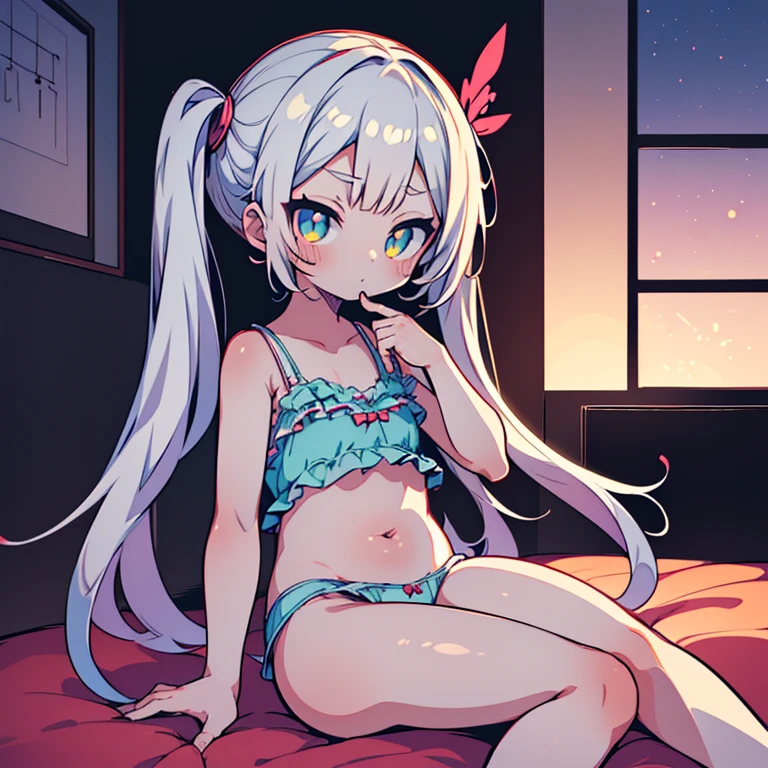 (masutepiece, Super Detail, high detailing, Best Quality, 8K, Half Twin Tail, Anime style,cute little, Best Quality, 2D Beautiful Girl Living Room, (girl with)(Sit on the bed)(White hair)(red eyes)(High exposure)(White underwear)(dim lighting)(illustratio)(animesque)