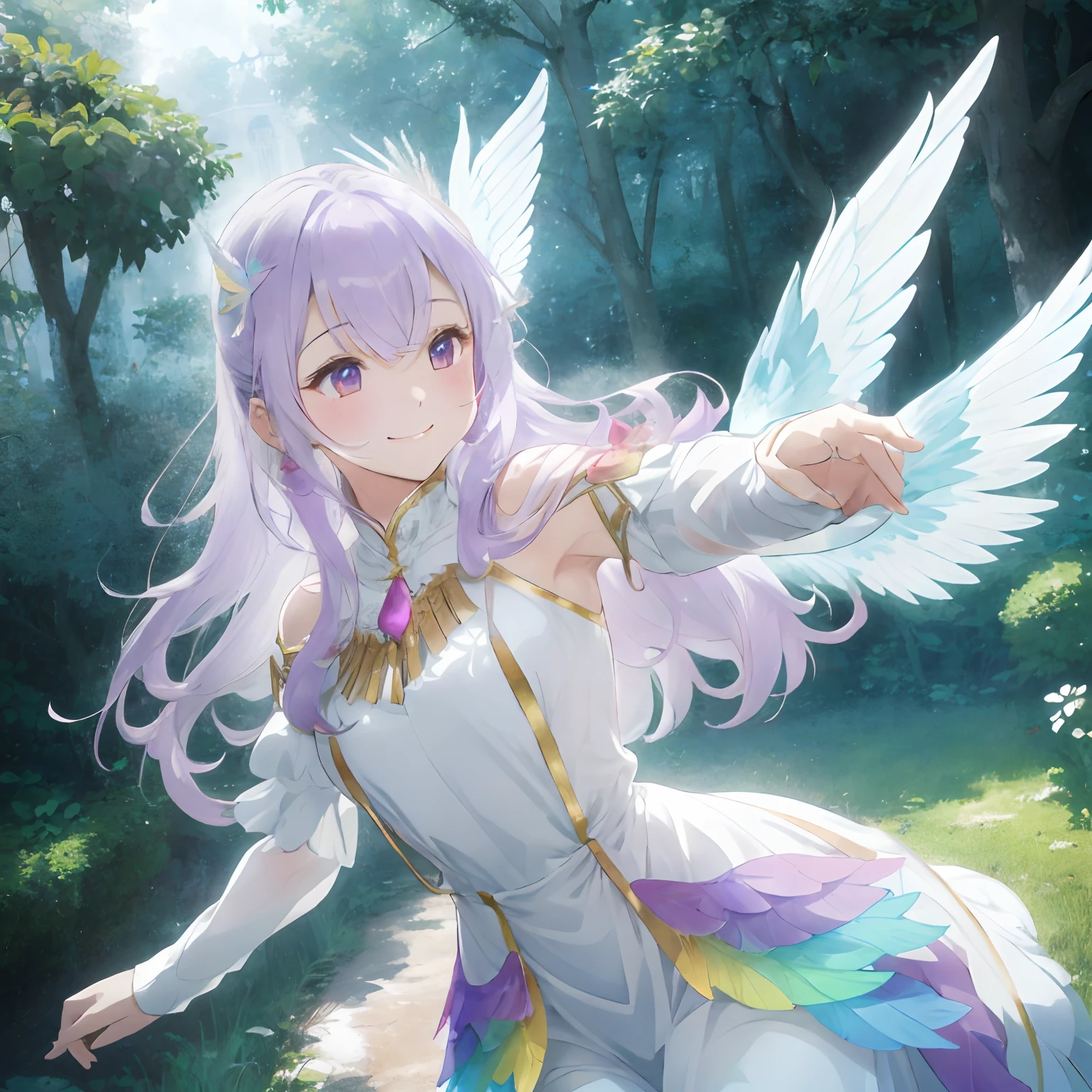 colorful flower々Forest in full bloom,White Luxurious Garden Palace (White Luxurious Garden Palace) (White Luxurious Garden Palace (White Luxurious Garden Palace)),Fluffy pale golden hair,Eyes pale yellow-green,Luxurious and voluminous white dress, The hem of the dress is long enough to reach the ground,coloured butterflies々Jumping around(Pale pink or yellow, Light purple and light blue),There is a sense of transparency on the back,、Large feathers that shine in rainbow colors(wingspan),Wings,Shawl made of translucent material on the shoulders,AHE Face,red tide,Pleasant look,Smile on his face,Dance happily in the forest,Graceful dance,ballet,The tree々Soft light shining through the gaps in the leaves,Angel Light Ladder,