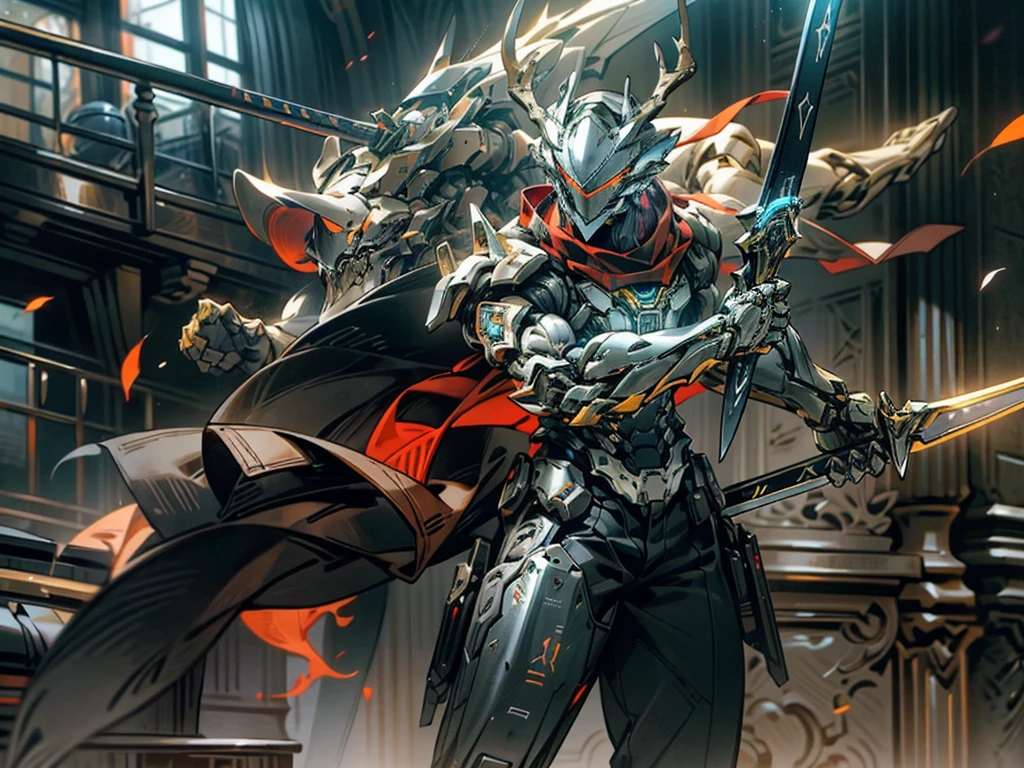 （Verism，photograph realistic：1.3），（focal length of lens：35mm），Contre-Jour，Mechanical Warframe，The shape is luxurious and sophisticated，A blue glowing cross is carved into the chest of the mech，The mech held a red glowing wide and heavy armored sword in his hand，The red scarf sways in the wind，faucet，deer antlers，With a red flame glow，Battle stance drawing，background fire flow，Flow effects,OWgenji,Sc3pt4