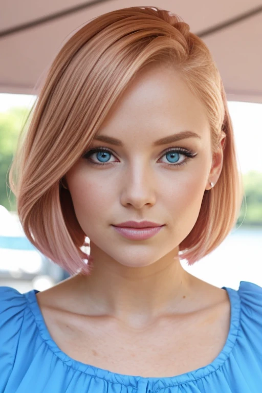 Petite 30 year old woman with light strawberryblonde hair in a straight undercut bob and striking blue eyes wearing eye liner, pink lips, in a yellow summer dress, detailed face, cleavage, nose piercing