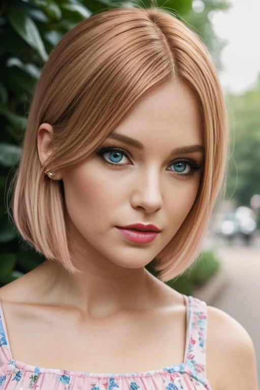 Petite 30 year old woman with light strawberryblonde hair in a straight undercut bob and striking blue eyes wearing eye liner, pink lips, in a blue summer dress, detailed face, cleavage
