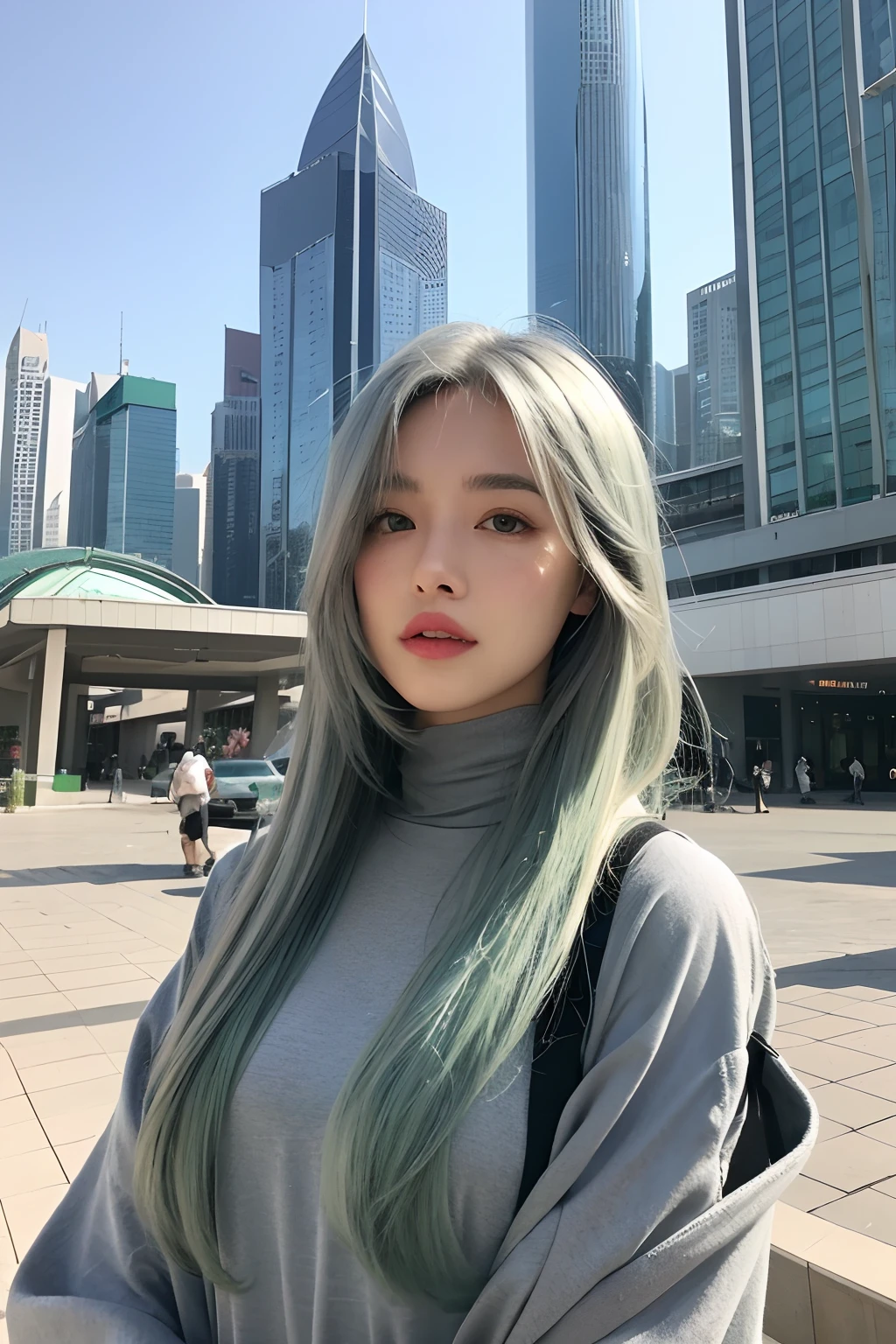 (extra detailed body、extra detailed face、best qualtiy:1.2)、femele、looking at the viewers、(Futuristic cities、Emerald green and ash gray hair color)Fashionable。