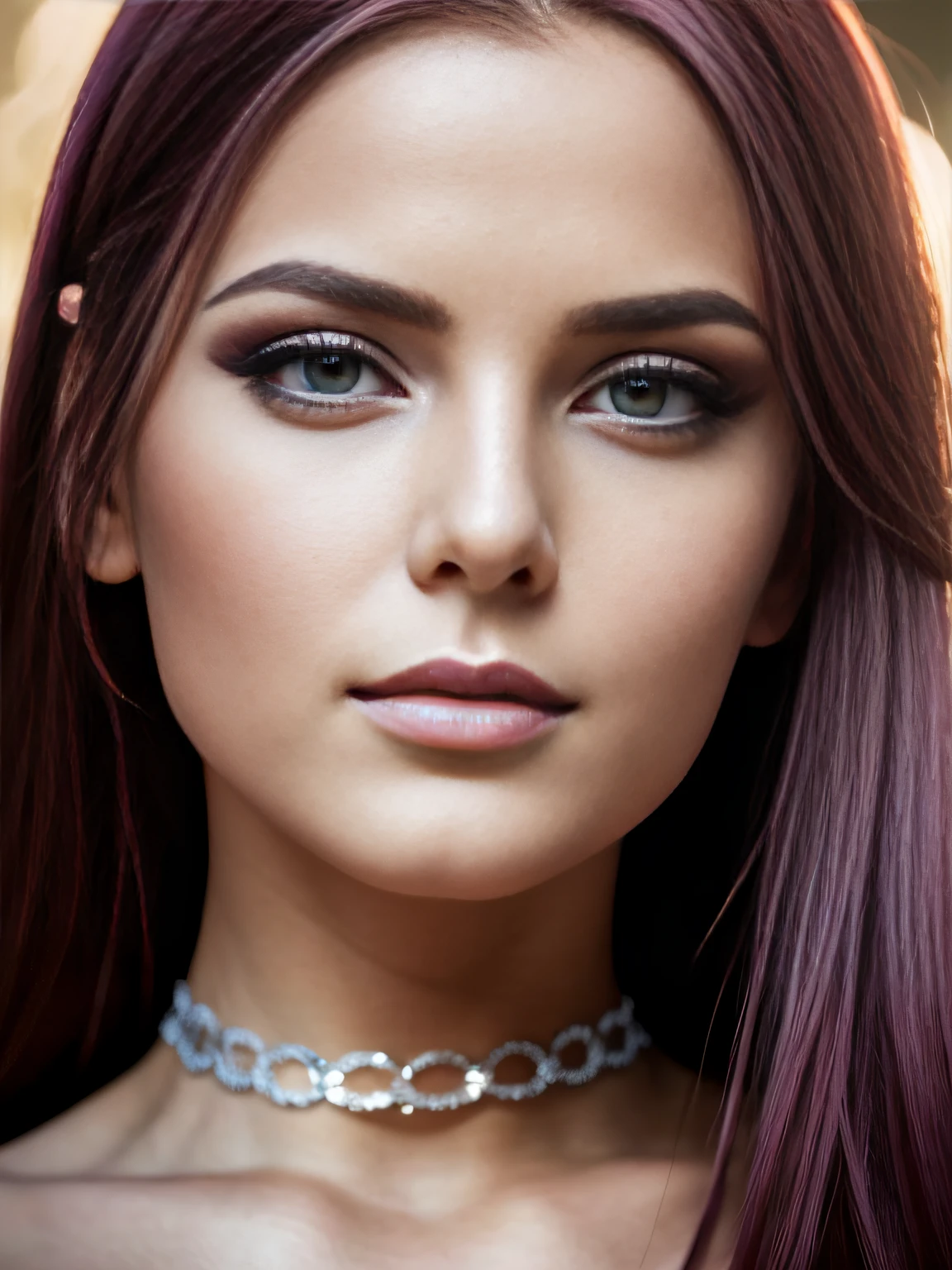 RAW portrait photograph, high resolution photograph of a 21 yo English woman, photorealistic, cinematic, dramatic, beautiful face, very pretty, perfect face, well formed facial features, exotic and expressive dark pink hair, wing eyeliner, futuristic silver make up, tight crop top, small breasts, perfectly formed breasts, perfect , glistening skin, photorealistic, elaborate jewelry, bokeh background, short depth of field, low contrast, accurate face, high quality detail facial features, accurate hands, accurate feet, erotic