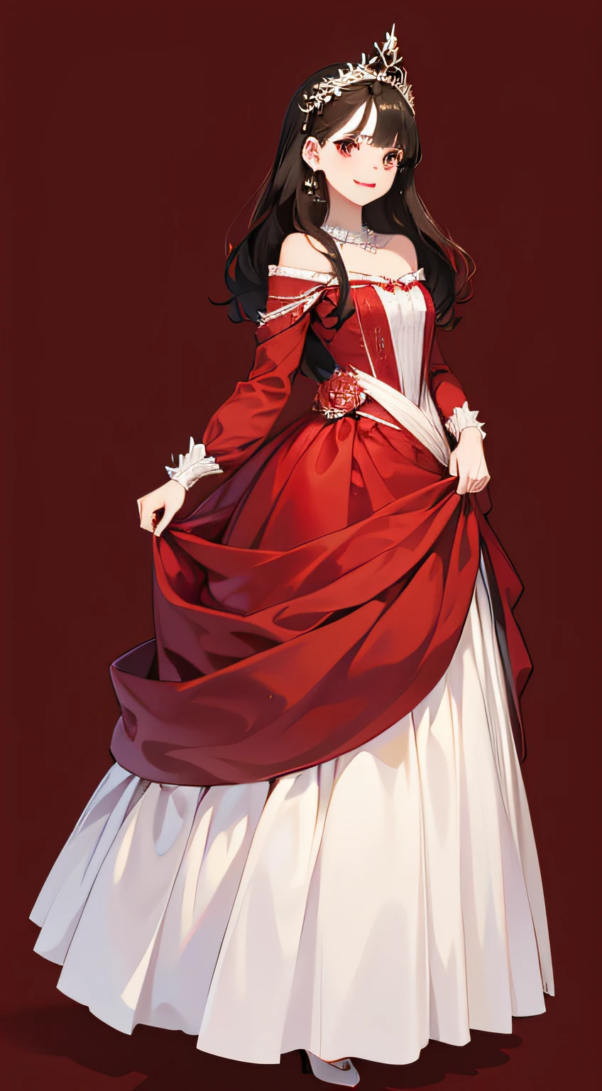 (Full body portrait)-yeld beiful woman in dress、smil、Dark hair、red lipsticks、Black eyes、Luxury accessories、Simple backgrounds、top-quality、masutepiece、2D