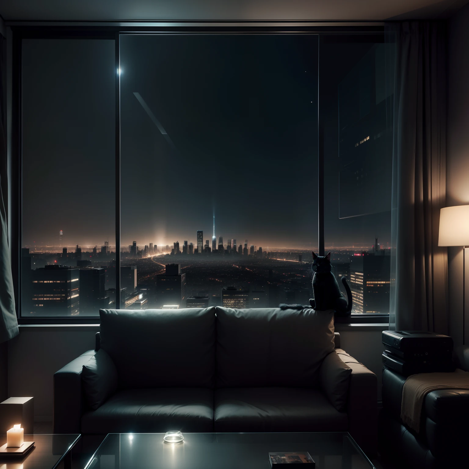 A cat sitting on a sofa,Looking out the window at Night City, dystopian city apartment, cinematic shot ar 9:16 -n 6 -g, ultra-realistic picture, City apartment Comfortable and peaceful, hyperrealistic picture, chill time. Good view, city apartment, indoor picture, overlooking a modern city, night realism, interior scenes, beautiful realistic photo