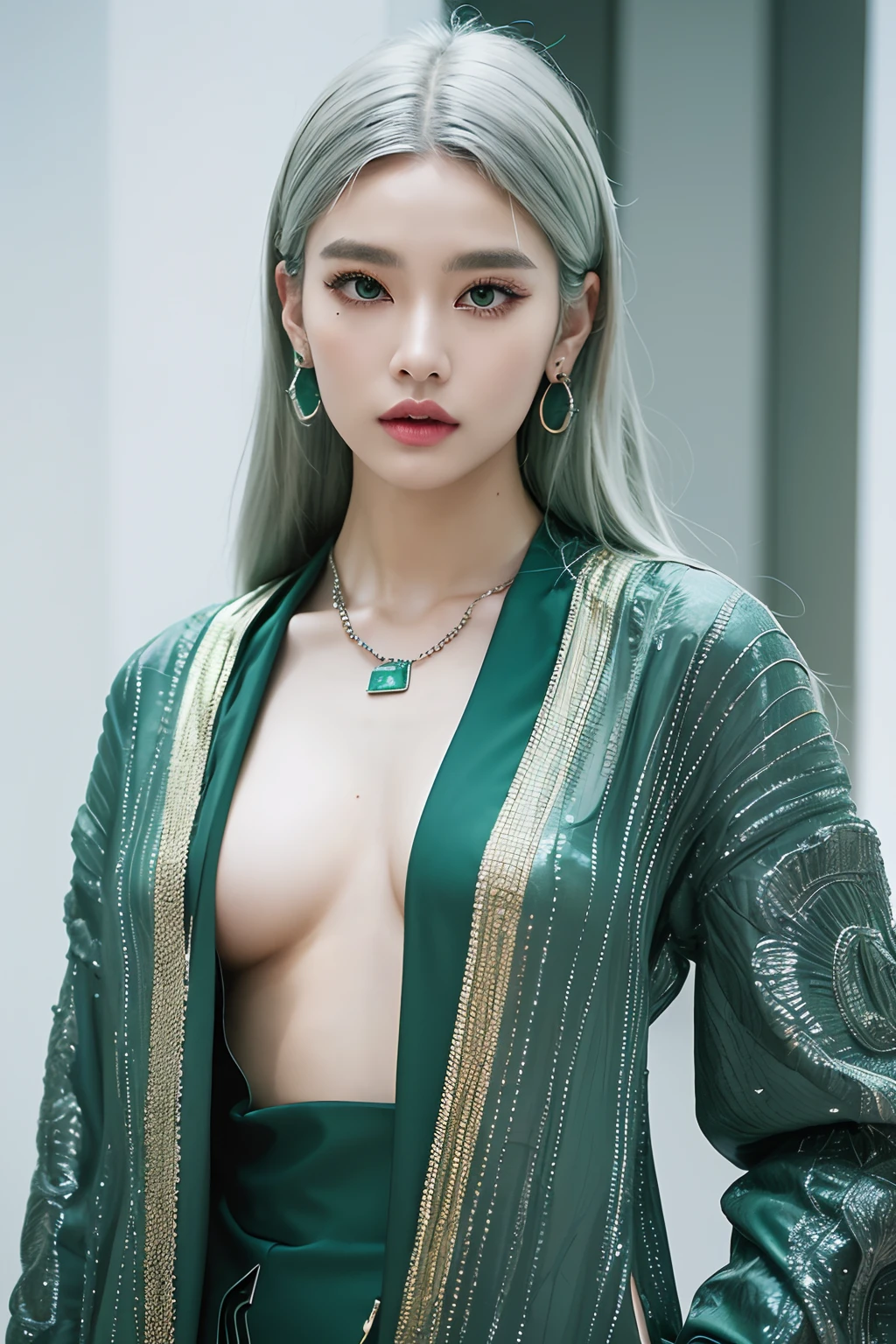 (extra detailed body、extra detailed face、best qualtiy:1.2)、femele、looking at the viewers、(Futuristic cities、Emerald green and ash gray hair color）Fashionable、Asymmetrical clothing、Fancy piercings、a necklace