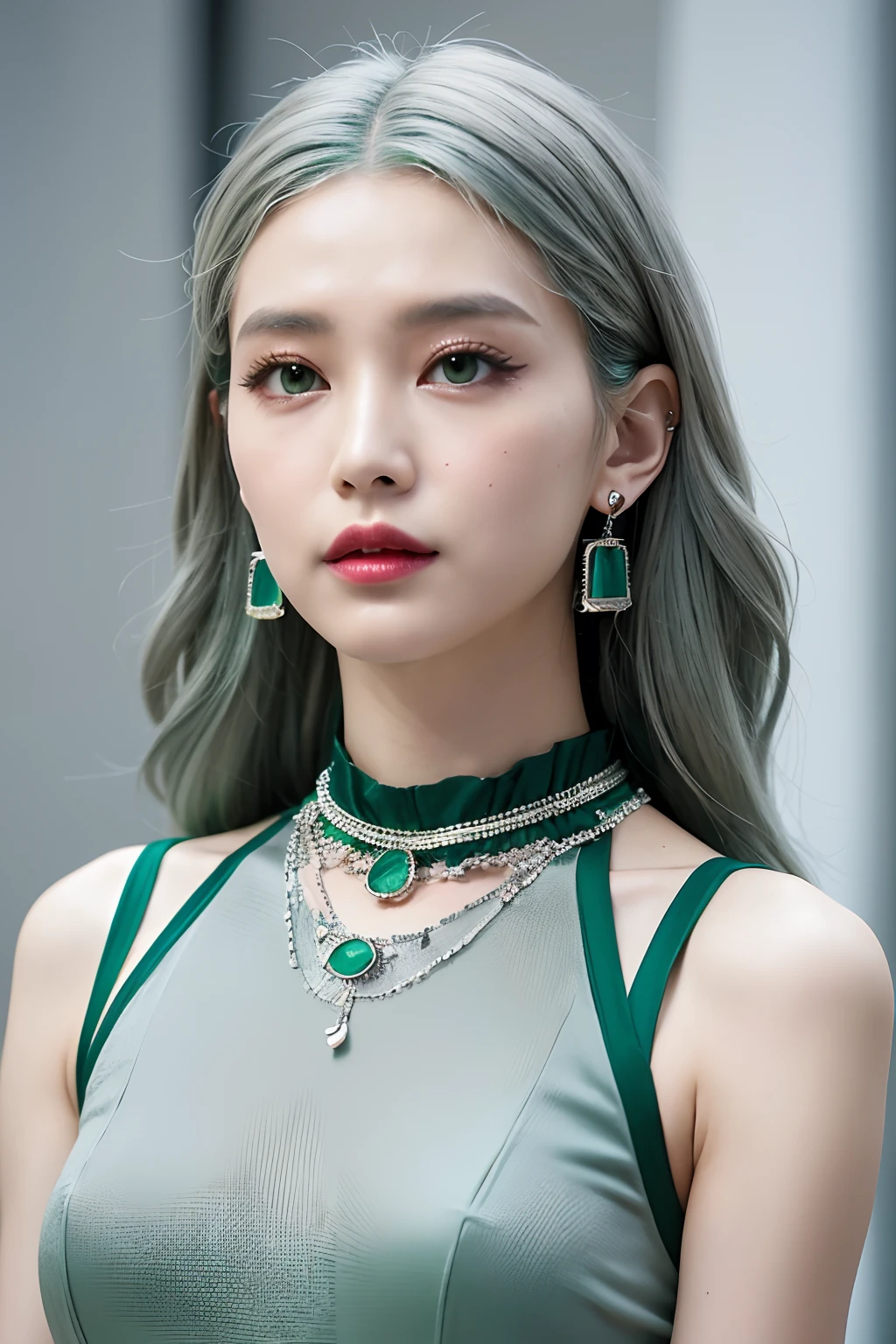 (extra detailed body、extra detailed face、best qualtiy:1.2)、femele、looking at the viewers、(Futuristic cities、Emerald green and ash gray hair color)Fashionable、Asymmetrical clothing、Fancy piercings、a necklace