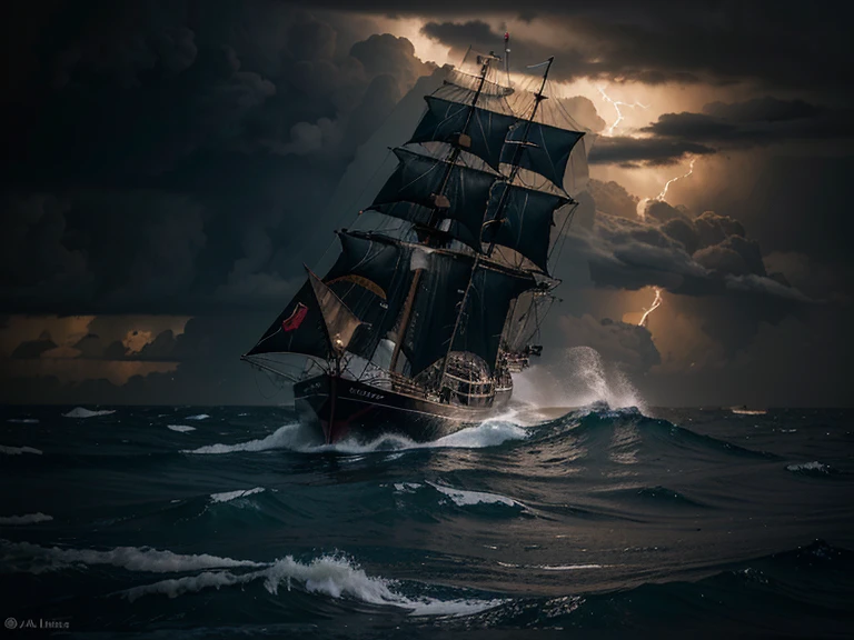 (realistic,photorealistic,photo-realistic),l arge detailed, old sailing yacht, very dark night and lot of fire, intense thunderstorm on rough sea, dark clouds,vivid lightning and heavy rain,roaring waves crashing against the boat,raging sea spray,sailors desperately trying to control the sails,water pouring into the ship,sharp focus,ultra-detailed(nautical) textures and materials,huge waves emerging from the deep,seagulls fighting against the wind,stormy atmosphere,chaotic and dramatic scene,depicting the power of nature,moody lighting with dramatic contrast, in dark night, fire, dramatic color palette emphasizing the stormy atmosphere,HDR.