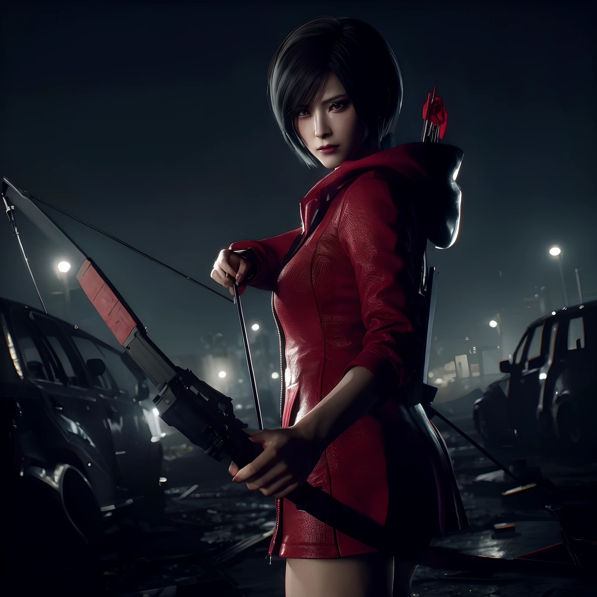 Ada wong, beautiful face, bob hair, perfect Face, wearing mini red rose dress hoody, black nail polish, glare expression, holding a gun