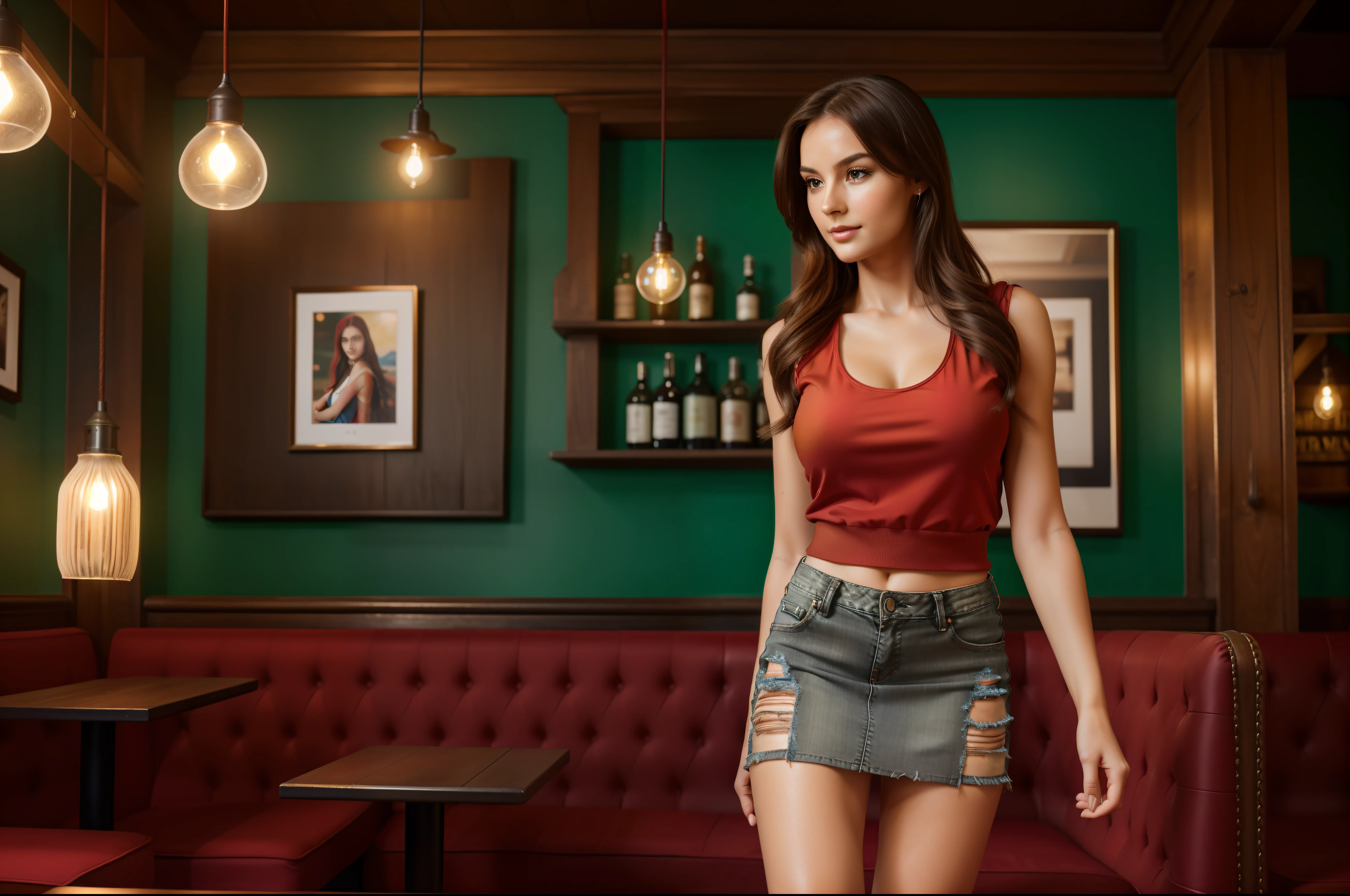 (best quality,4k,8k,highres,masterpiece:1.2),ultra-detailed,(realistic,photorealistic,photo-realistic:1.37),HDR,UHD,studio lighting,ultra-fine painting,sharp focus,physically-based rendering,extreme detail description,professional,vivid colors,bokeh,portraits,

A beautiful girl is having a photo session in a pub. She is the main focus of the image, with detailed features such as beautiful eyes and lips. [Her face is combination of (((irene1:1.2))) and (((Excella_er5:1.2)))]. The girl is sitting in a cozy corner of the pub, surrounded by vintage wooden furniture and dimly lit by warm studio lighting. Her long, black, soft and smooth hair, flowing hair partially covers her face, adding a sense of mystery to the image. She is wearing a stylish outfit (a ((red:1.4)) tank-top:1.3)),((ultra-short miniskirt:1.4)),((ripped jeans miniskirt:1.4))) that reflects her personality, with vibrant colors that pop against the background.

The pub itself has a rustic and intimate atmosphere, with old paintings and vintage decor adorning the walls. The wooden bar counter is well-polished, reflecting the warm glow of the lights. There are drinks served on the counter, creating a relaxed and elegant ambience.

The photo session is being captured by a professional photographer, who is using state-of-the-art equipment to capture every detail of the girl's expression and pose. The image quality is of the highest standard, with a resolution of 4k or 8k, showcasing the finest details of the girl's features and the pub's textures.

The overall style of the image is a combination of realistic and photorealistic elements, with a touch of artistic flair. The colors are vivid and vibrant, reflecting the girl's personality and creating a visually striking image. The lighting is carefully set up to enhance the girl's features and create a sense of depth.

(((1girl))),(((solo))),tall and slender body,(192cm tall),thin and delicate figure,graceful posture,large breasts,cleavage breasts.nsfw.