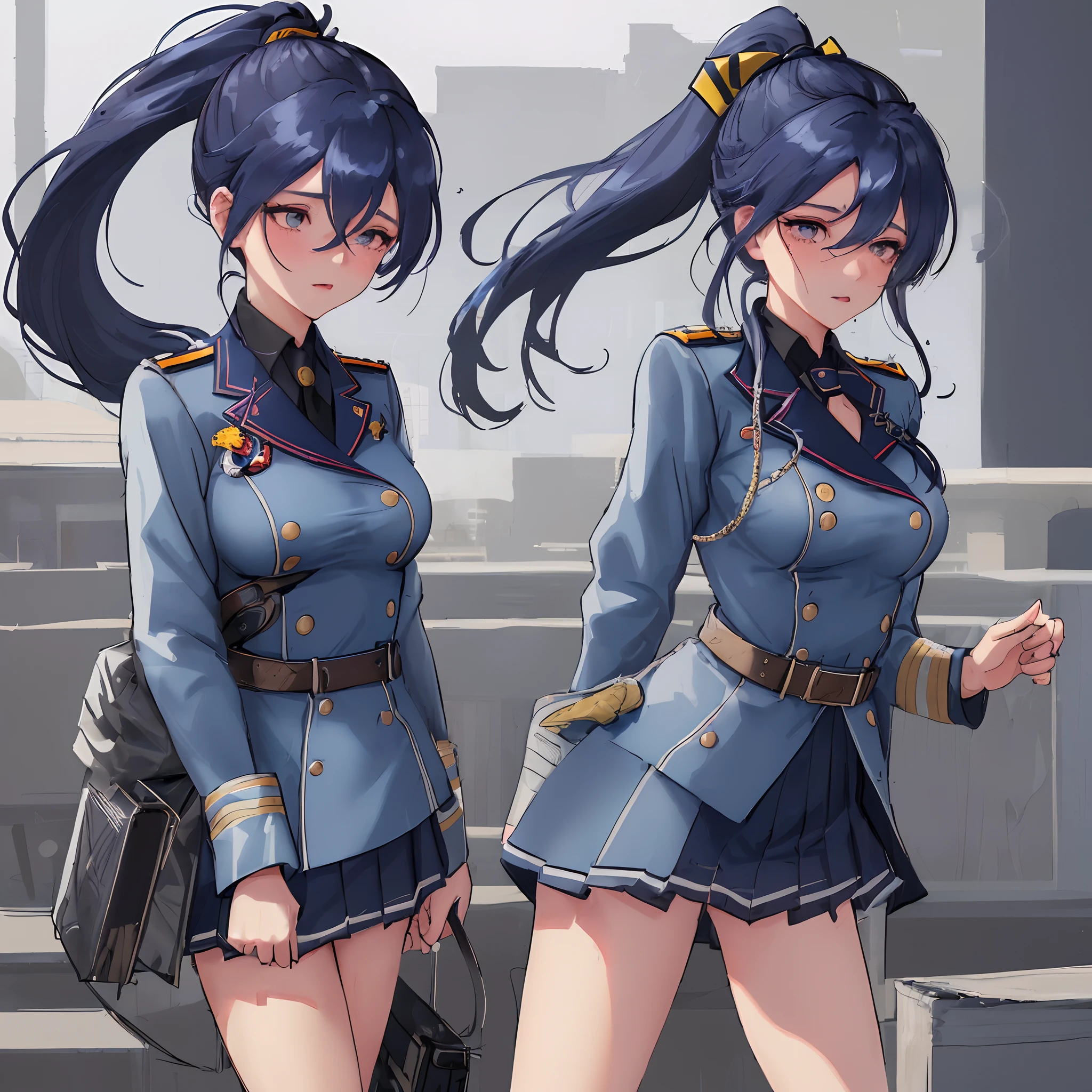 1girll, Solo, laura s. arseid (Long dark blue hair, Ponytail and side bangs, small boobs), (Inspired by traces of cold steel) Show off her panties in a school uniform, At military schools, Embarrassed