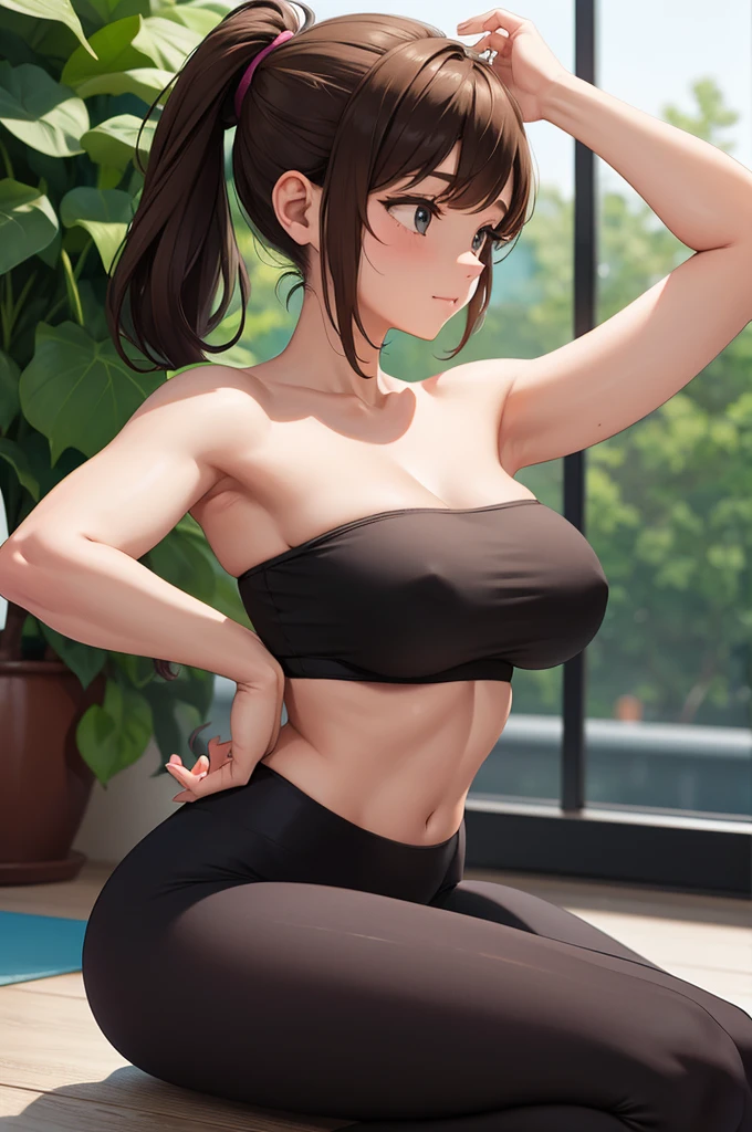 A yoga trainer wearing strapless bra and yoga pants, she has a bulge in her private area, she is on a yoga pose, brown hair tied up