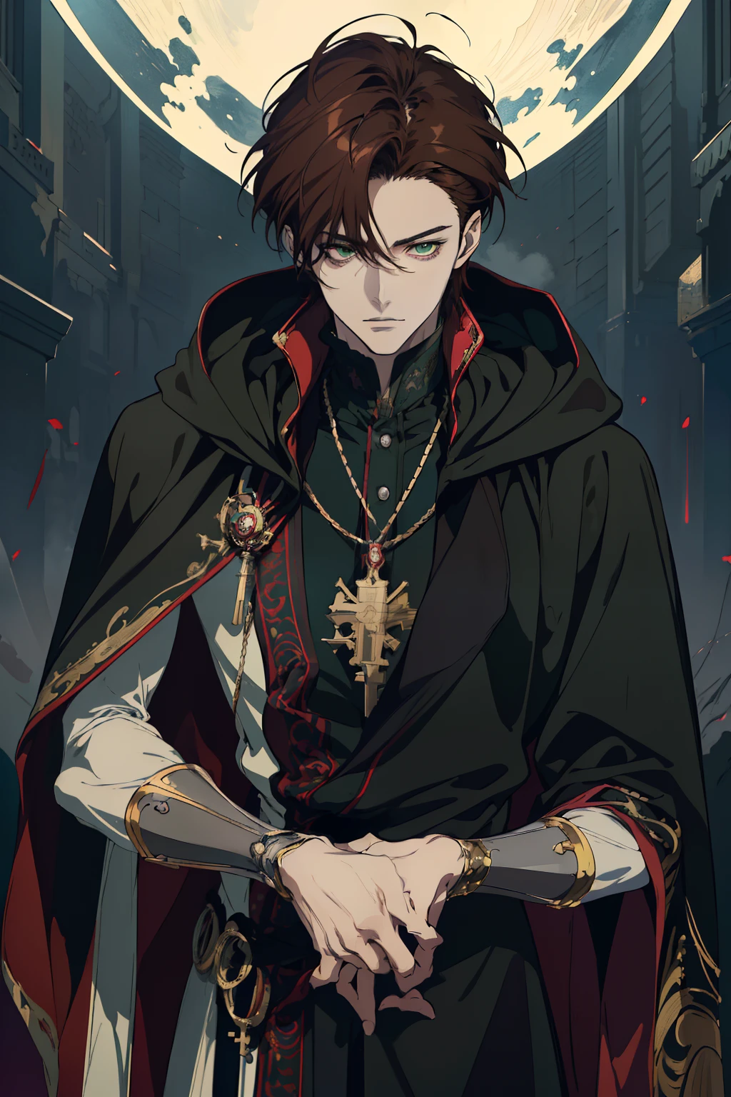 anime drawing of a man Regal , 2 d anime style, male anime style, male anime character, anime style character, delicate, in an anime style, he masterpiece, (absurdres:1.1), best quality, extremely delicate, (beautiful face:1.1), elegant, (great composition), realistic rendering, Dungeons and Dragons, Fantasy, octane rendering, zbrush. Character design, photorealistic, unreal mechanism, hyperdetailed, concept art, trend in art season. ((best quality)), ((masterpiece)), ((realistic)), (detail anime drawing of a man Regal , 2 d anime style, male anime style, (Absurdres, Intricate Details, Masterpiece, Best Quality, High Resolution, 8k), 1 male, masculine, young, aged up, dreadful, finely detailed eyes and face, dark red short mustache hair, hazel eyes, looking down, solo, (full body:0.6), detailed background, detailed face, ( dark fantasy theme: fog, dark atmosphere, , Depth of Field, VFX. (absurdres, highres, ultra detailed vector shaded anime, full detailed beautiful masterpiece, (absurdres:1.1), best quality, extremely delicate, Victorian era badass anime drawing of a man Regal a close up dark cloak cape hood up Victorian era primary colors Black red white beautiful uniform androgynous prince, delicate androgynous prince, handsome guy in demon slayer art, anime key visual of elegant, handsome prince, tall anime guy with blue eyes, inspired by Okumura Masanobu, anime handsome man, male anime character, anime portrait of a handsome man, key anime art full body shot brown hair Green eyes solider cold look intimidating mature young regal knight FAKE RIGHT ARM PROSTHETIC