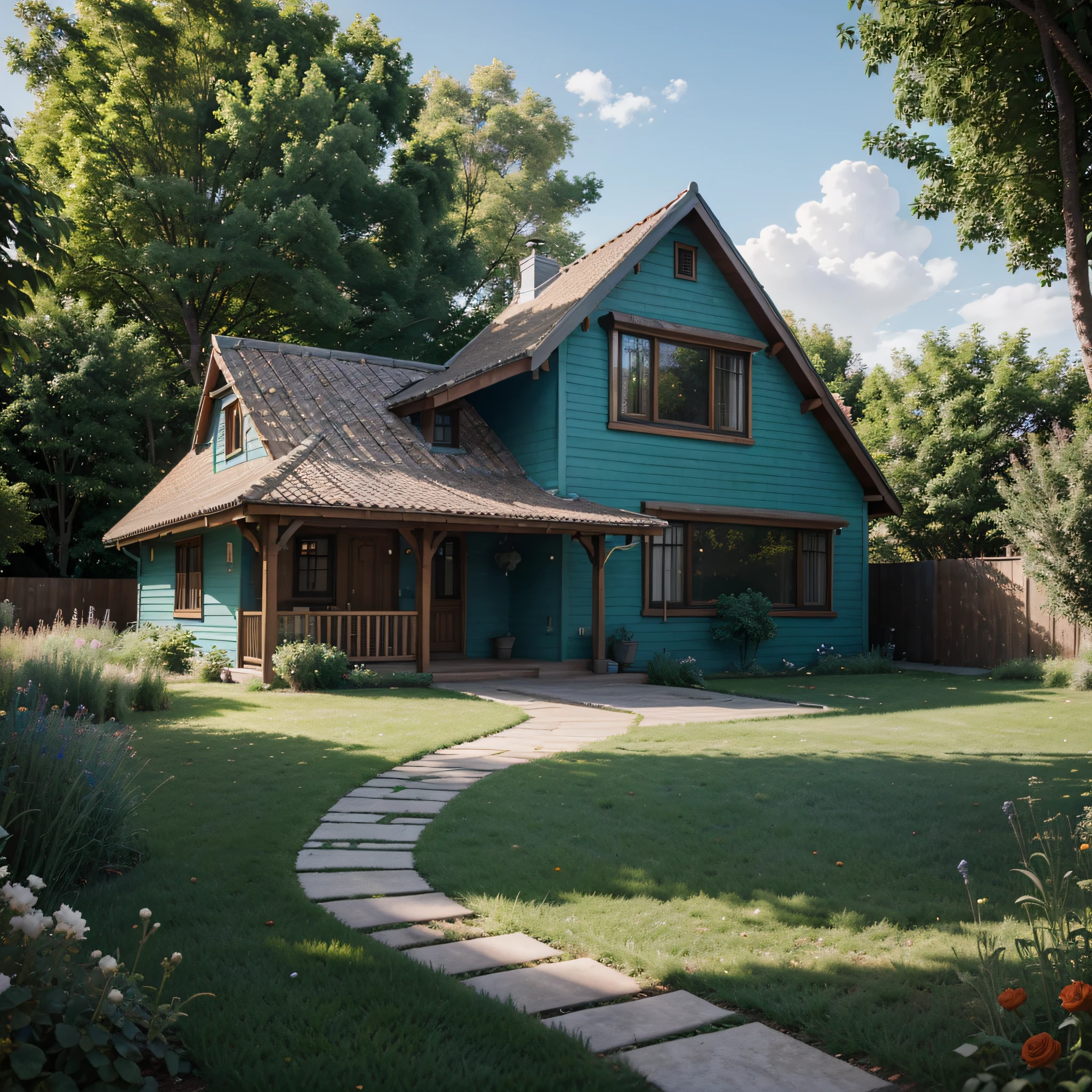 a Wooden Half-Slope House with walls painted blue, wooden doors and windows painted orange. The house is suspended by four large cobblestone blocks. Lush green lawn all around, cut by a worn grass path. beautiful rose bushes. a white ranch serving as a garage next to the house. White fences complete the scene. intricate, hyper detailed, natural light, global illumination, cartoon animation style, vray tracing, hdr, 8k
