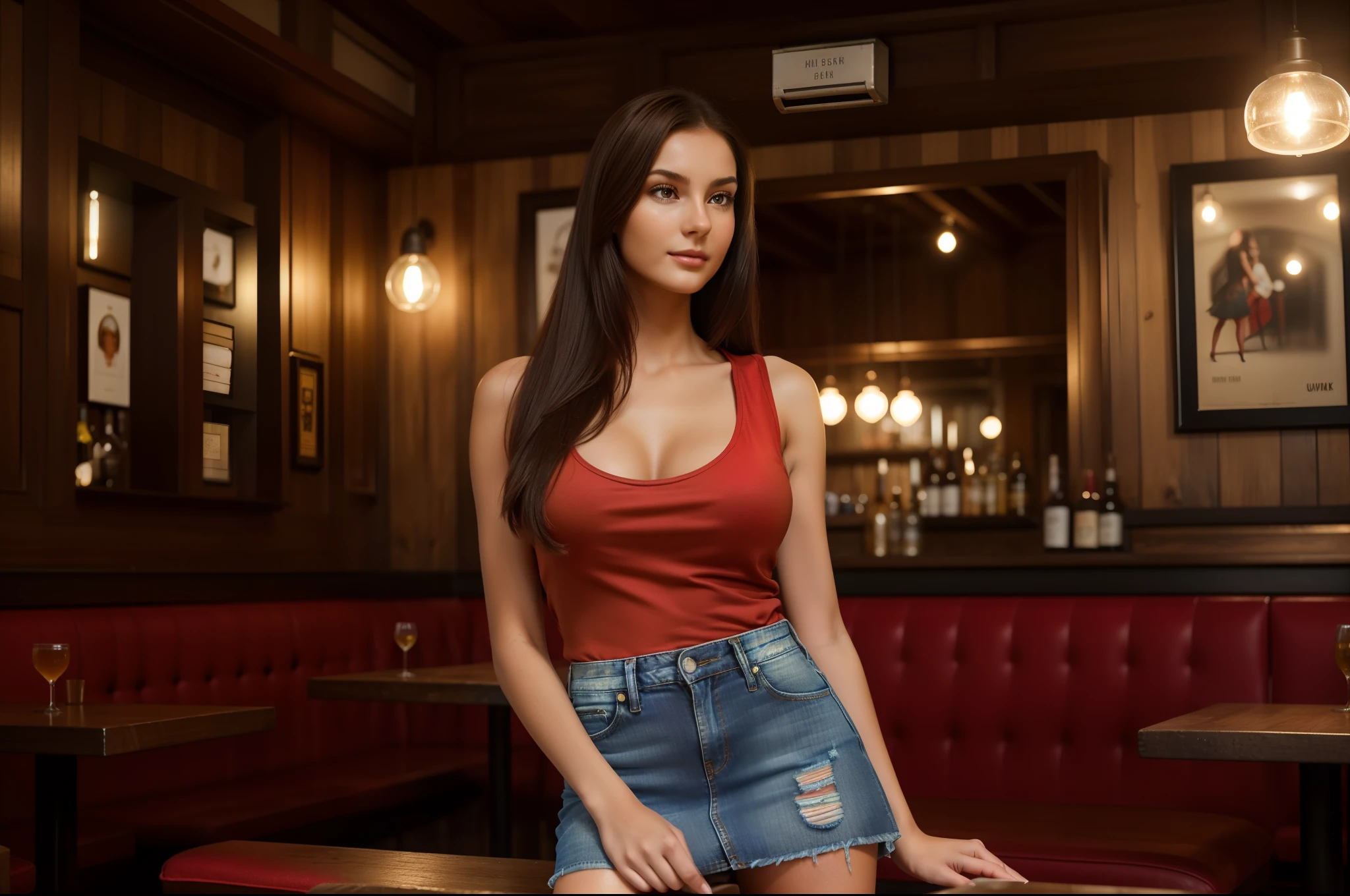young brunette woman, brown eyes. long brown hair. Strap top made of shiny red satin and a black pleated skirt, Tights, 项链, transparent lip gloss, slim build, beautiful, 22 years old, Full body photo, long legs, Satin Top, Standing in a bar and browsing looks stunning. is glad