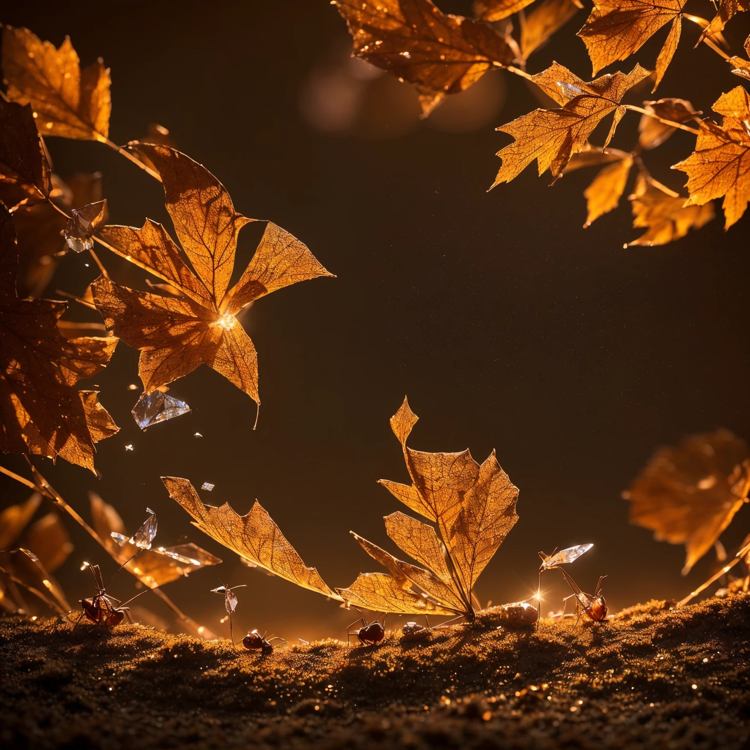 (masterpiece,Best quality:1.2),200 mm 1.4F macro shooting,very delicate beautiful,the best lights,The best shadow,Render the background, stylized 3d render,Beautiful scenery, Autumn, Long lens tracking photography, a crystal ants,
