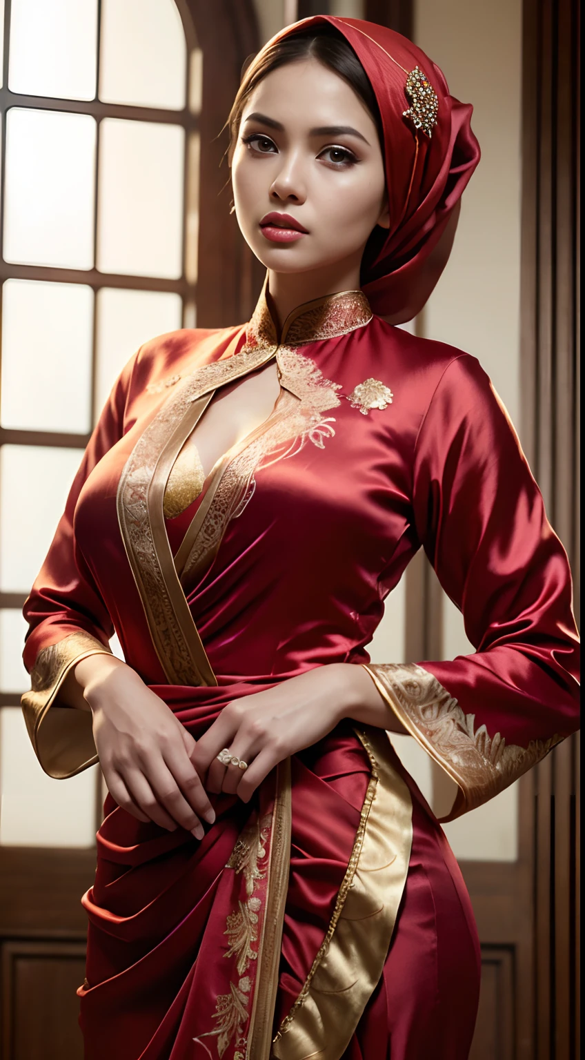 RAW, Best quality, high resolution, masterpiece: 1.3), beautiful Malay woman in hijab (iu:0.8),Photorealistic Production, (One Person), (Realistic Image of a  Female Model), (big breast:1.2) , (Pale Skin:1.4), (Wearing a Red Ornated Kebaya Dress with Silk Cloth:1.6), (Serious Face), Centered, (Waist-up Shot:1.4), From Front Shot, Insane Details, Intricate Face Detail, Intricate Hand Details, Cinematic Shot and Lighting, Realistic Colors, Masterpiece, Sharp Focus, Ultra Detailed, Taken with DSLR camera, Realistic Photography, Depth of Field, Incredibly Realistic Environment and Scene, Master Composition and Cinematography