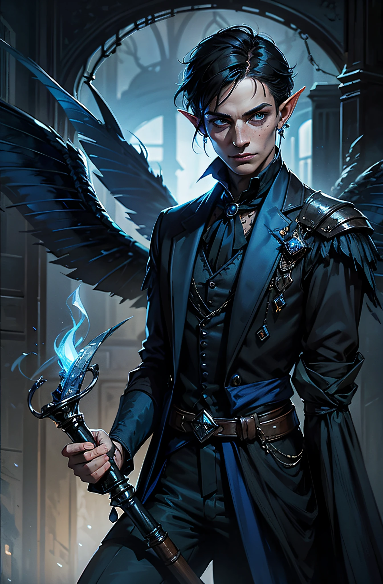 fantasy, Male mage with black short hair, Elves, fairy, pixie, blue wings with feather on back, look like Kaz Brekker, freckles, sharp face, little smirk, teenager, earrings, Black and blue costume, victorian bloodborne dark clothes, goth style, decorative cane in the hands, Western fantasy style, fantasy steampunk background
