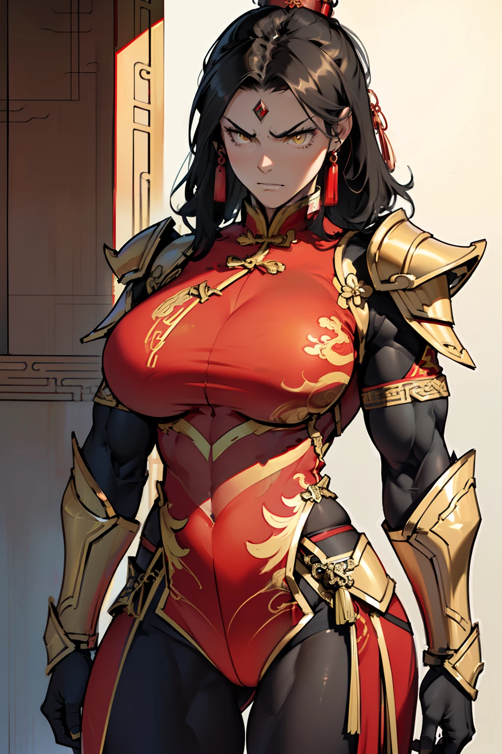 (High resolution, Pixels are perfect, luxurious illustration), (hyper quality, masutepiece, Ethereal: 1.4),(Solo:1.4), Black hair, Yellow eyes, (angry), pale skin, (((((((muscular))))))), ((thick thighs)), ((Huge breasts)), Woman, ((((A MILF)))), ((((chinese armor)))), (((Red armor))), (((wide hips))), ((greybackground)), (Shiny skin), close up