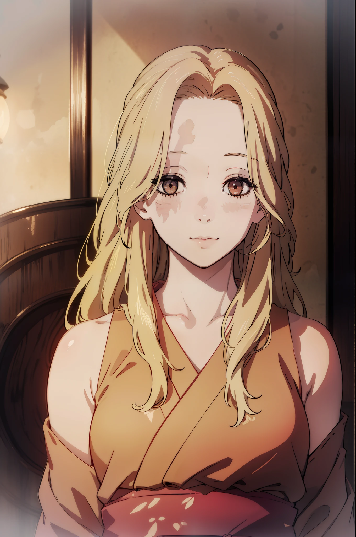 masterpiece, best quality, high quality, 1girl, solo, looking at viewer, upper body, yui, long hair, blonde hair, brown eyes, realistic, tank top