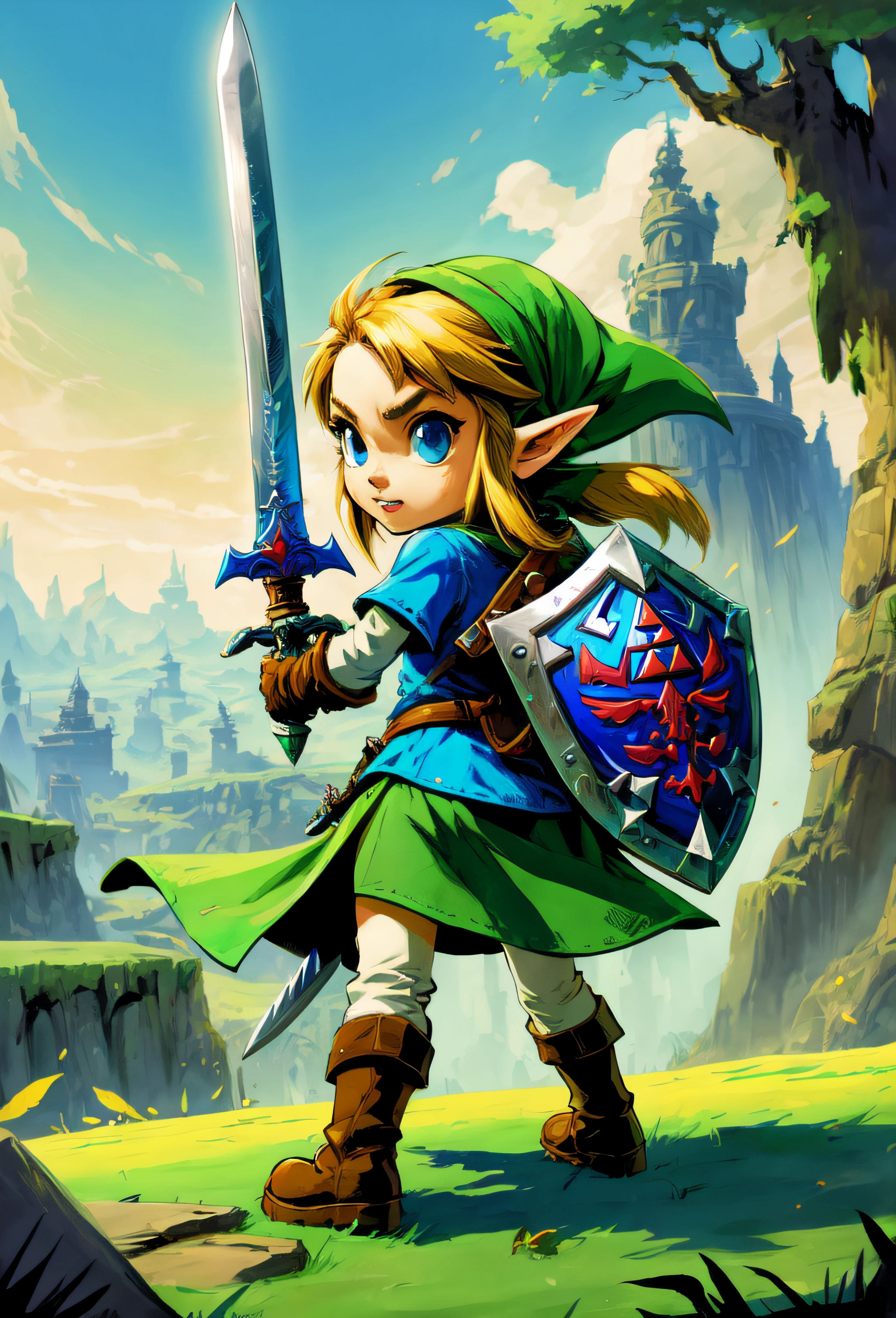 Zelda with sword strapped to back, gameplay landscape, Skottie Young style, playful, best quality, colored