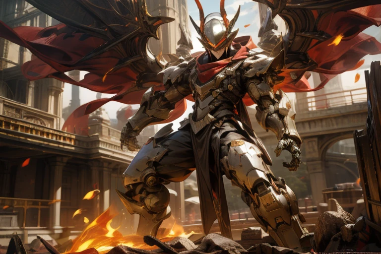 A beautiful game CG based on Doomsday Theme A,Hyper-detailing,This is a mech with a complex structure of light black and light white,Dragon horns grow on top of the head,The mech held a red glowing wide and heavy armored sword in his hand,It emits a fiery red glow:1.2,The eyes glow a dazzling red:0.8,3D quadratic diagram,Tattered red scarves swayed in the wind,Huge dragon wings,Anime Paintings,lightand shade contrast,Light effects,Mecha is meticulous and exquisite,The mecha's face was delicate and clear,The light source is emitted on the eye,A ruined mechanical battlefield,In the background is a burning fire,Battle stance drawing,background fire flow,Flow effects,OWgenji